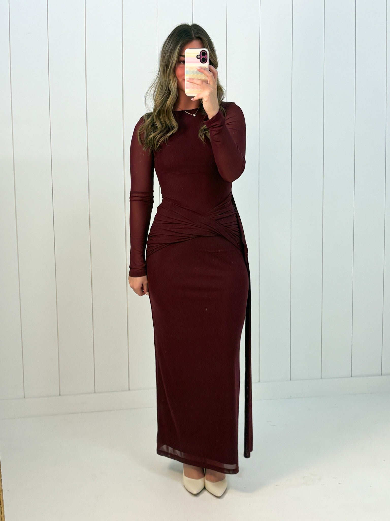 Burgundy Open-Back Long Sleeve Maxi Dress at Ninety Nine Boutique