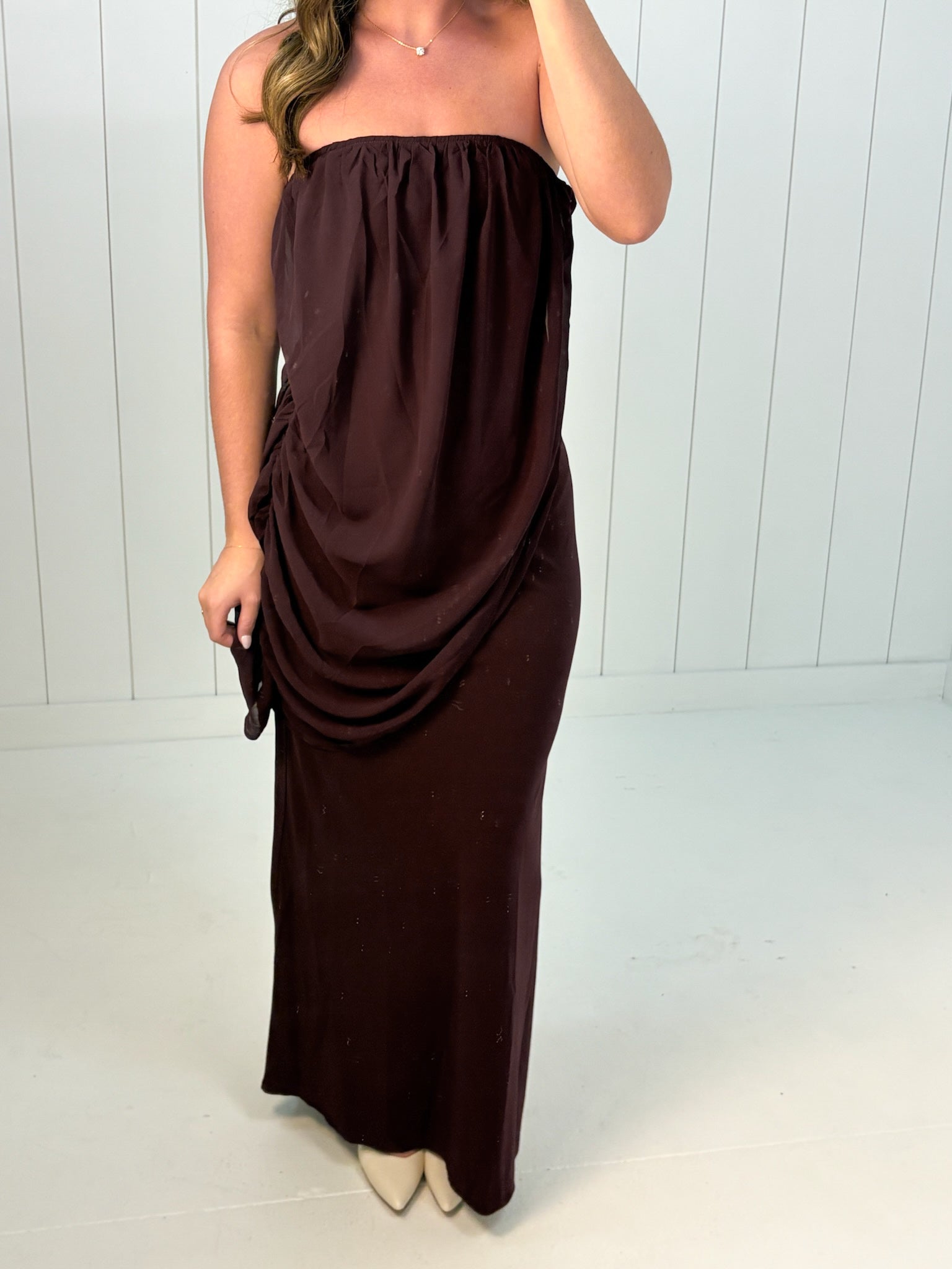 Purple Strapless Draped Maxi Dress at Ninety Nine Boutique