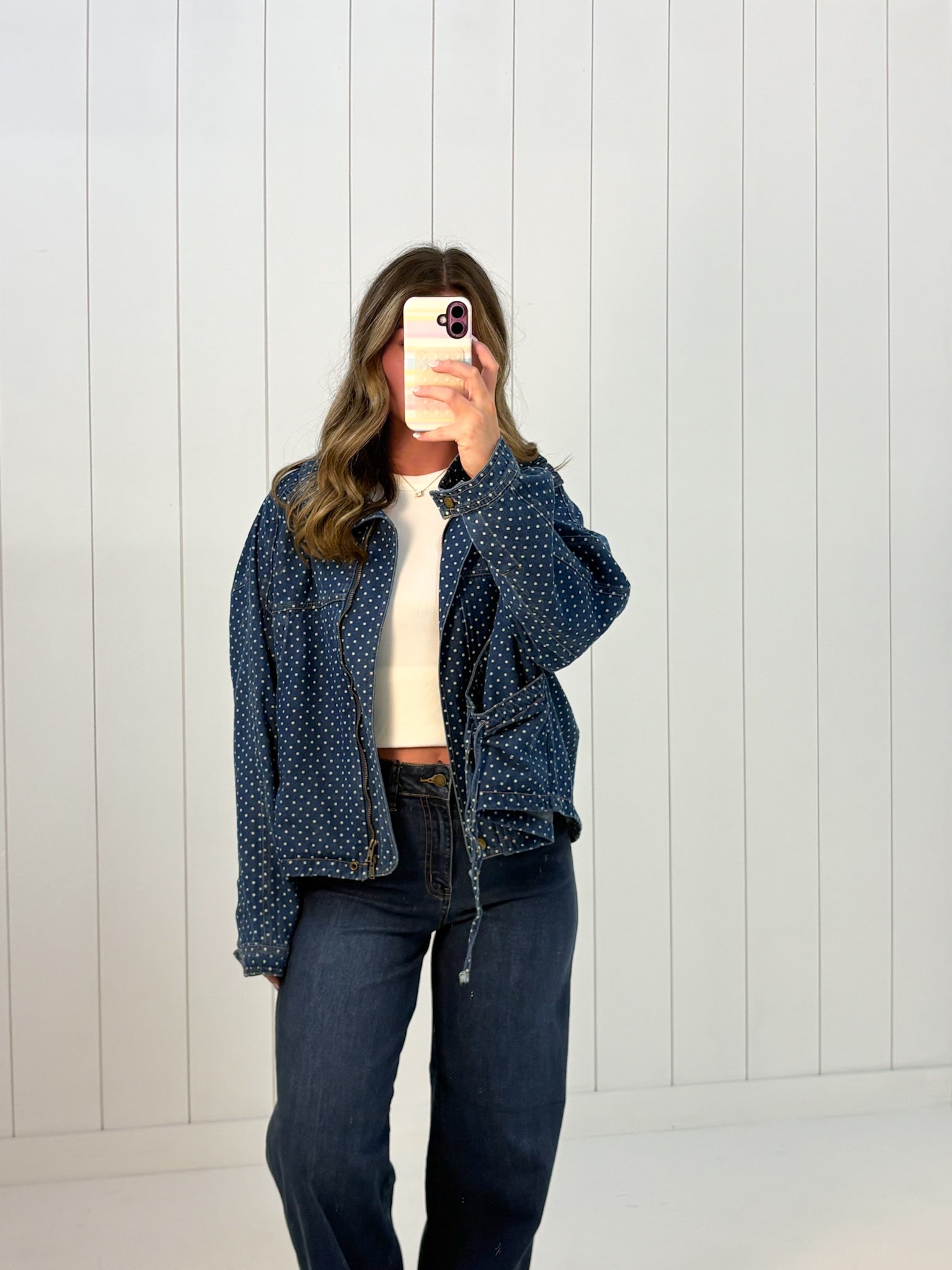 Blue Polka Dot Denim Bomber Jacket