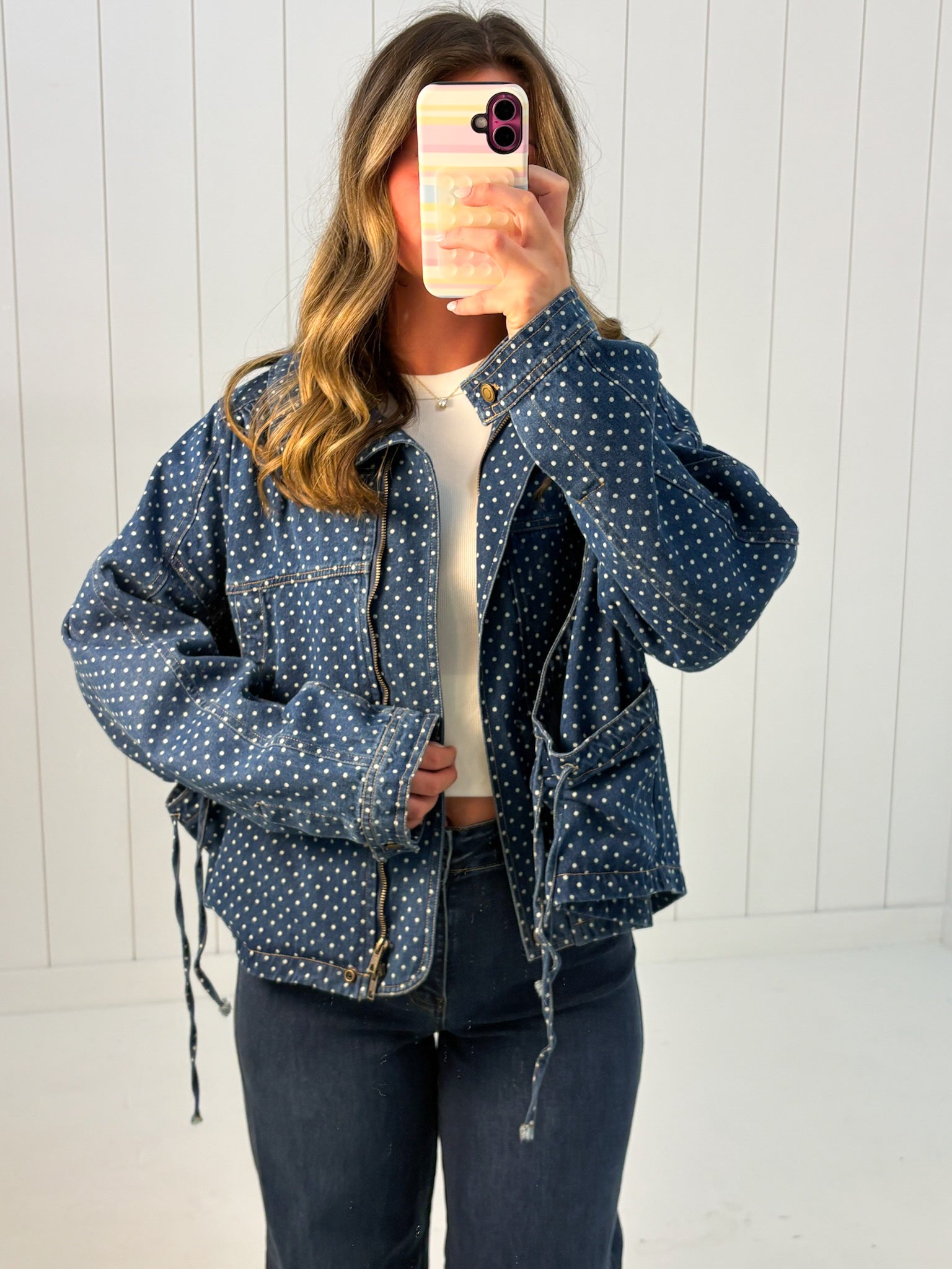 Blue Polka Dot Denim Bomber Jacket
