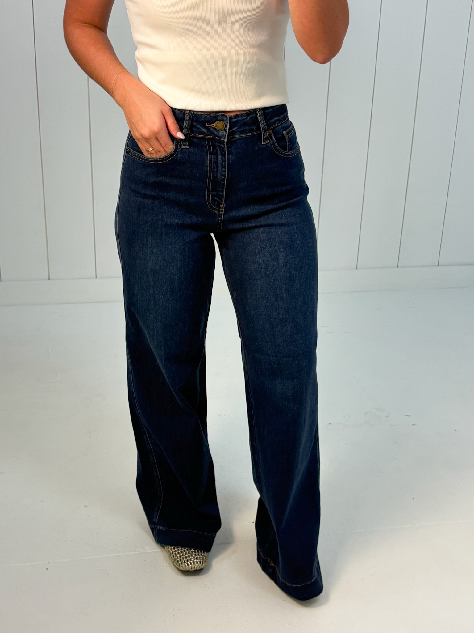 Blue High Rise Full Length Wide Leg at Ninety Nine Boutique