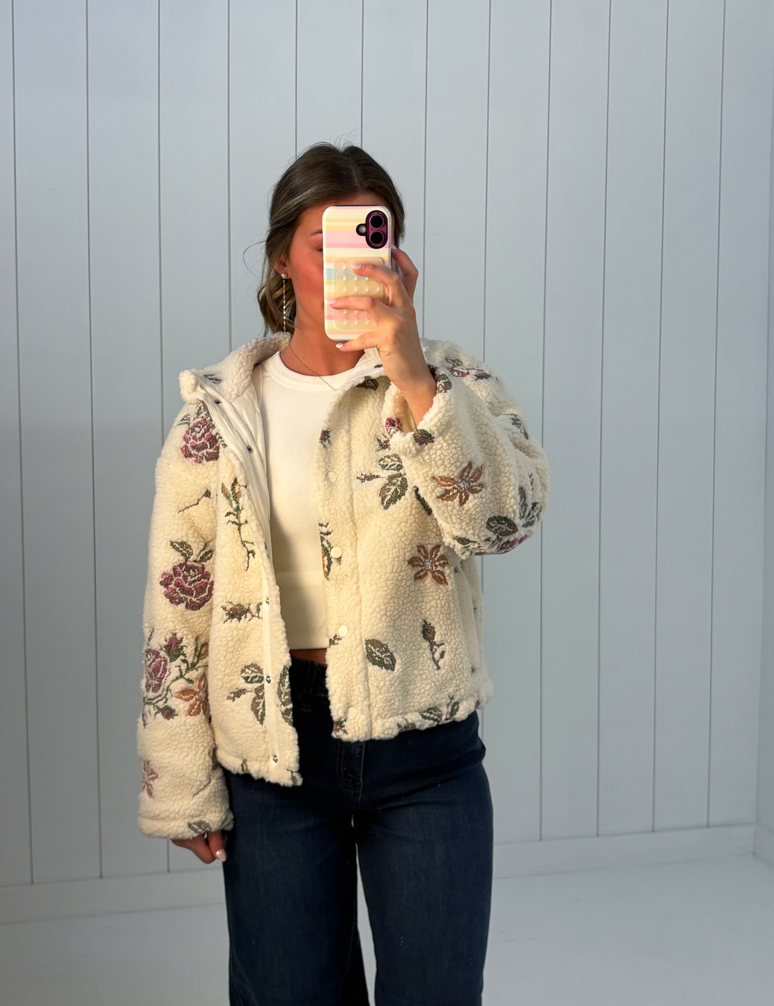 Cream Floral Embroidered Sherpa Jacket at Ninety Nine Boutique