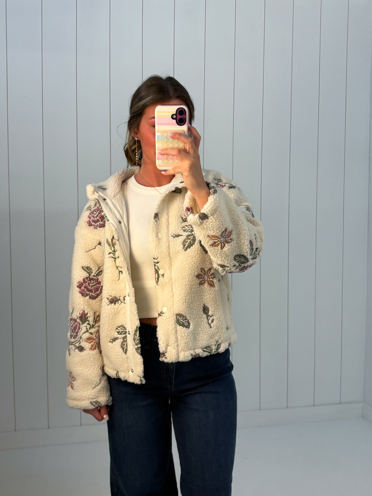 Cream Floral Embroidered Sherpa Jacket at Ninety Nine Boutique