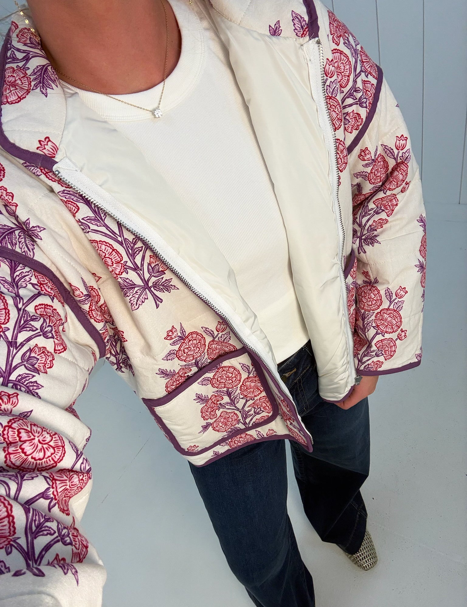 Cream Floral Print Quilted Jacket at Ninety Nine Boutique