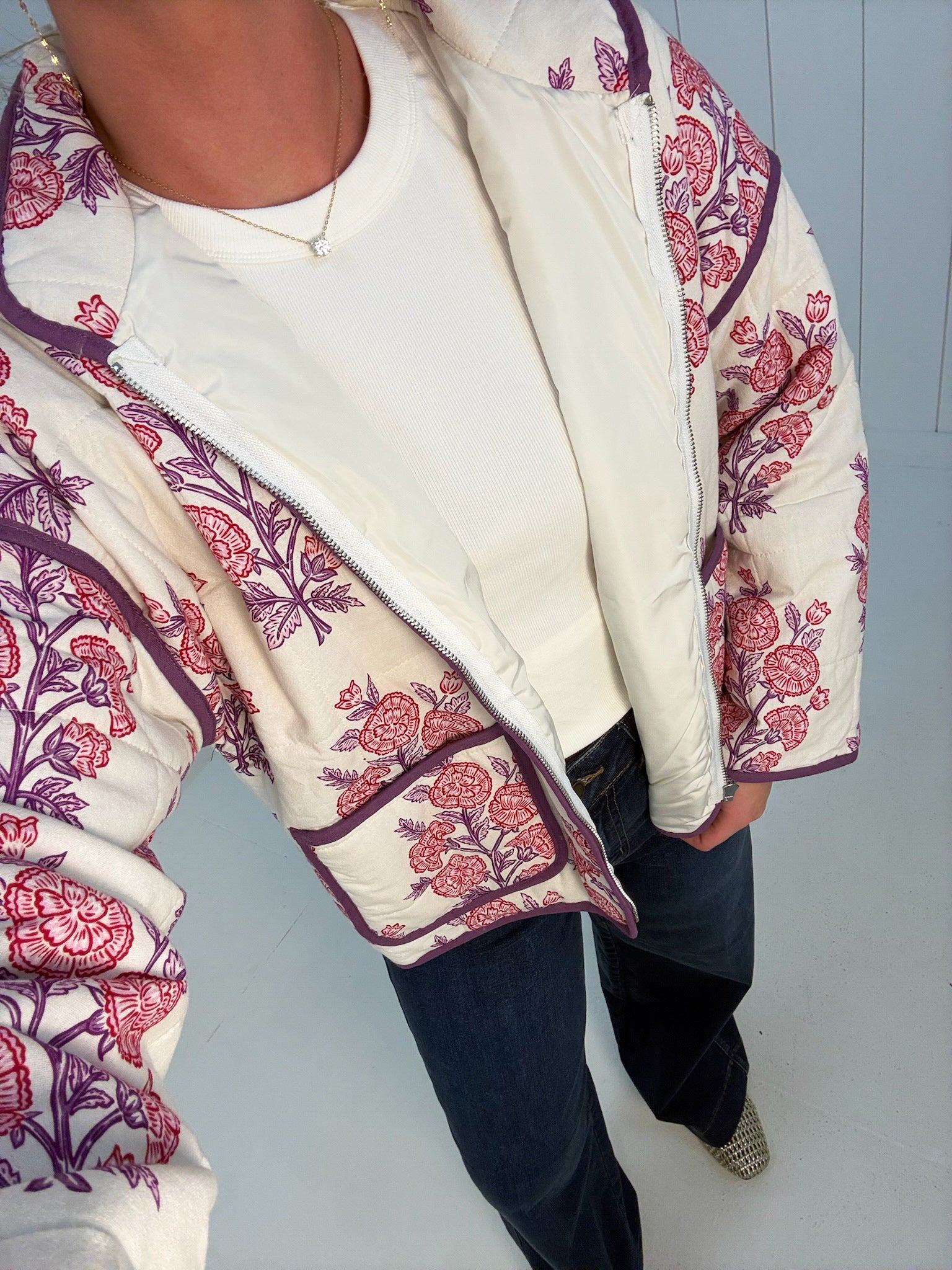 Cream Floral Print Quilted Jacket at Ninety Nine Boutique