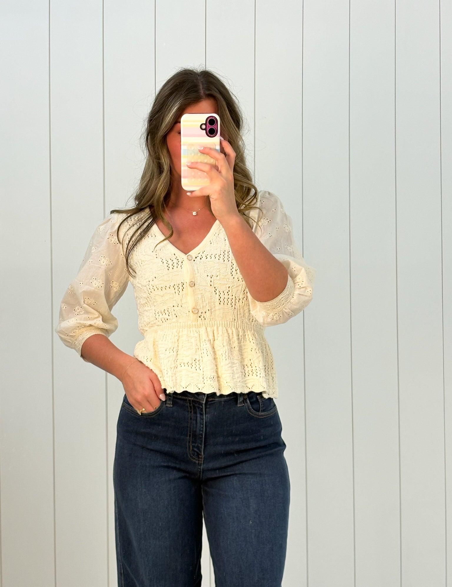 Peplum Eyelet Sleeve Knit Blouse at Ninety Nine Boutique