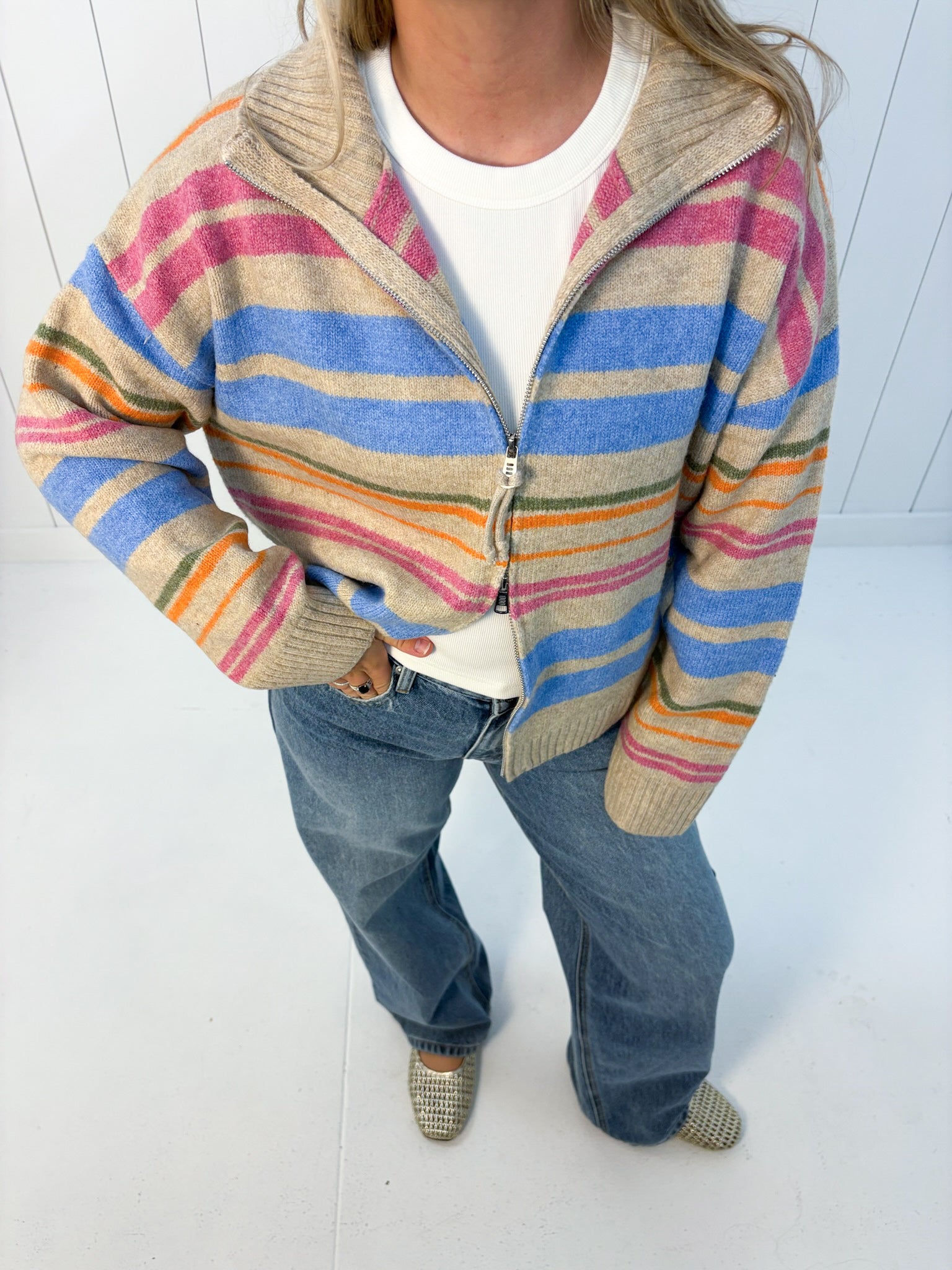 Cream Striped Mock Neck Zip Up Cardigan