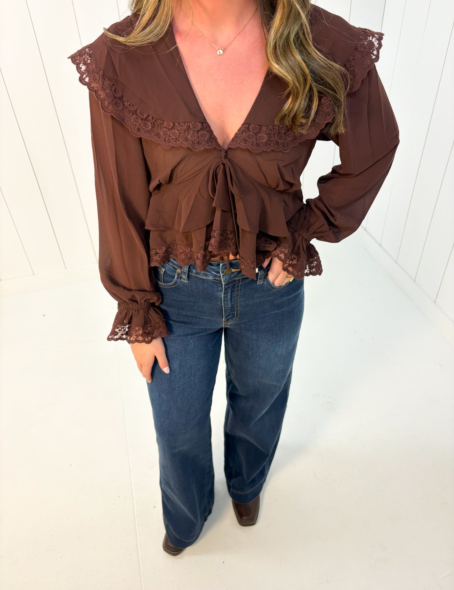 Brown Longsleeve Lace Top at Ninety Nine Boutique