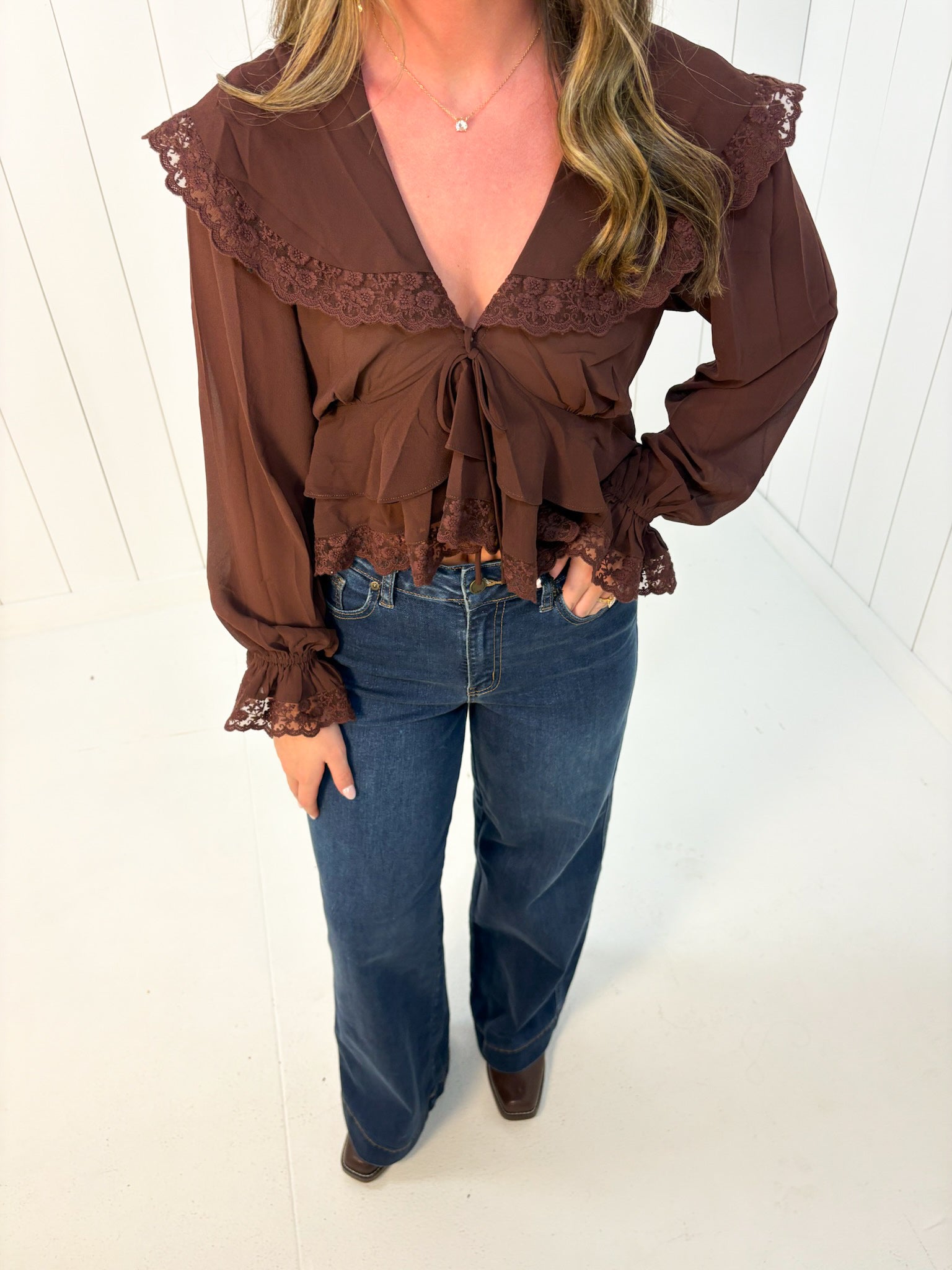 Brown Longsleeve Lace Top at Ninety Nine Boutique