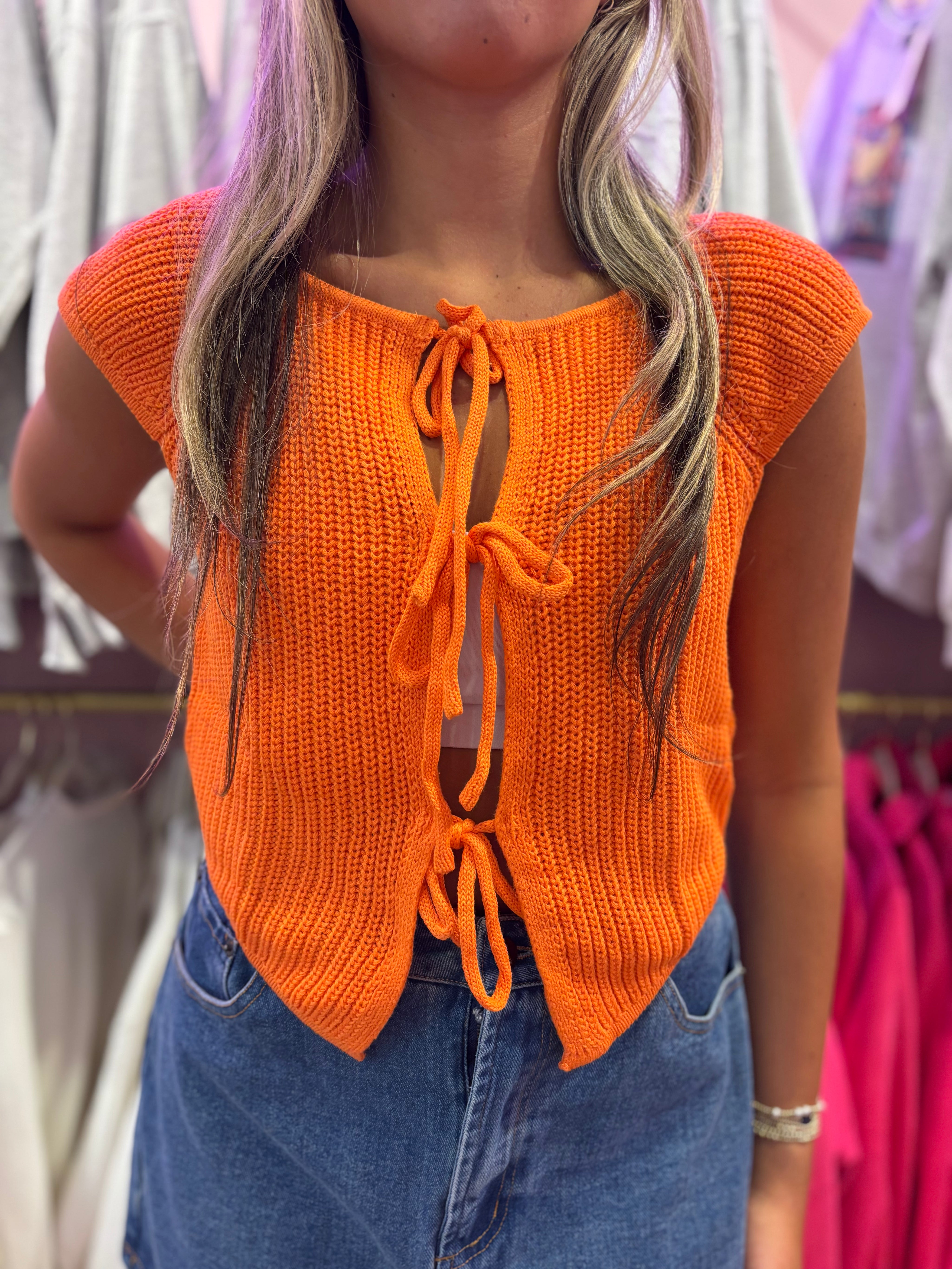 Orange Front Tie Sweater