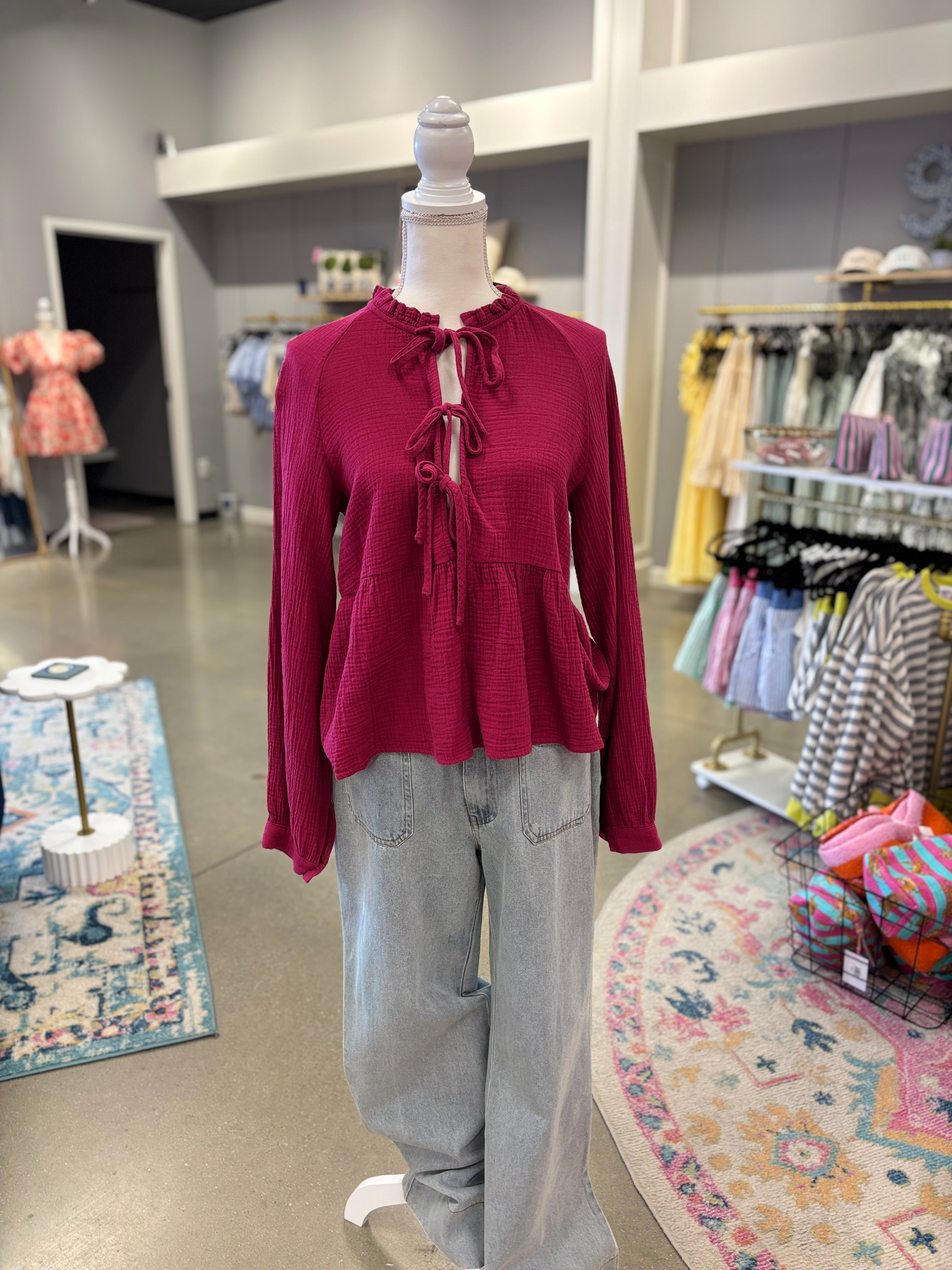 Berry Gauze Detail Top