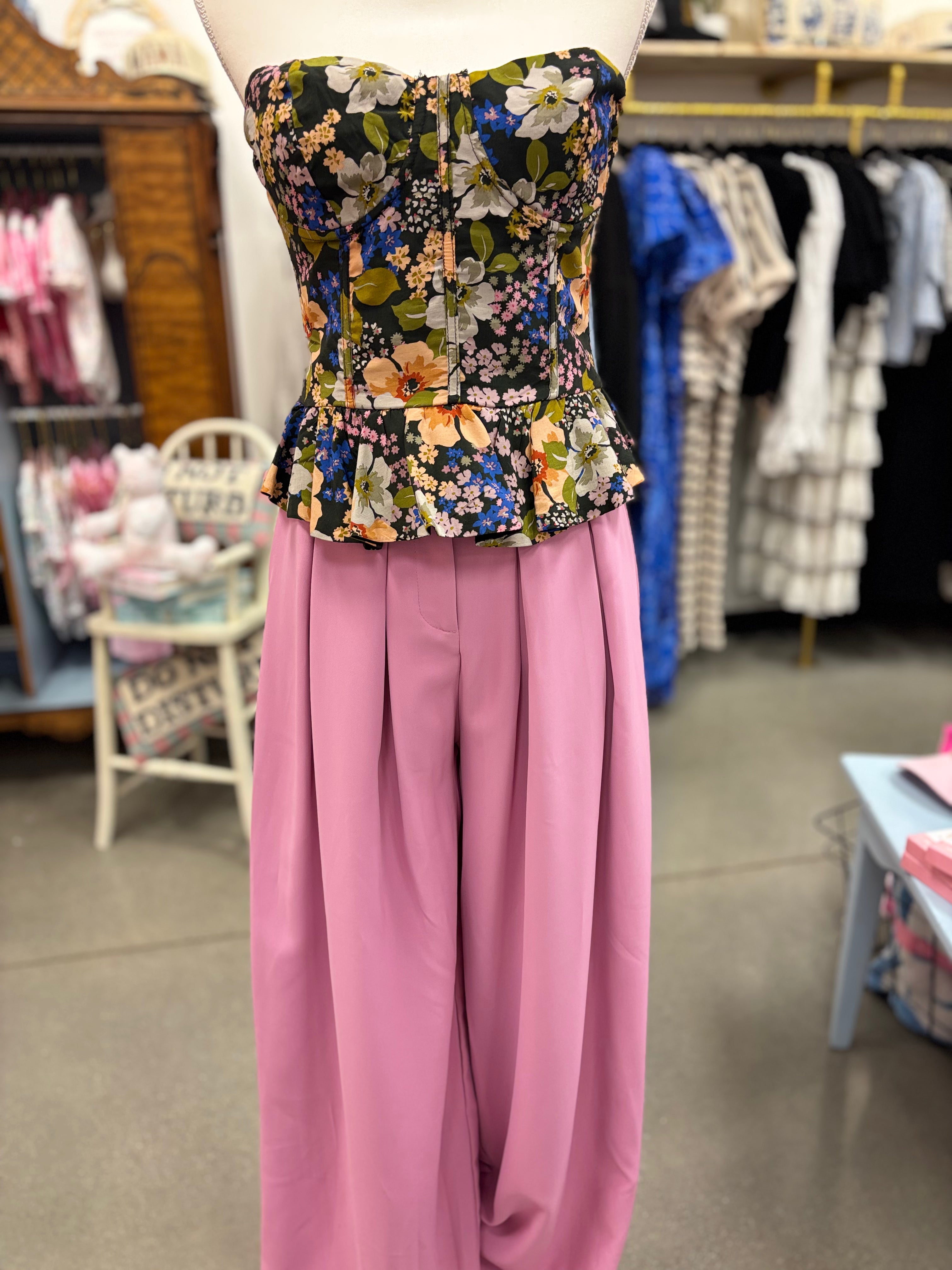 Pink Pleated Wide Leg Pants