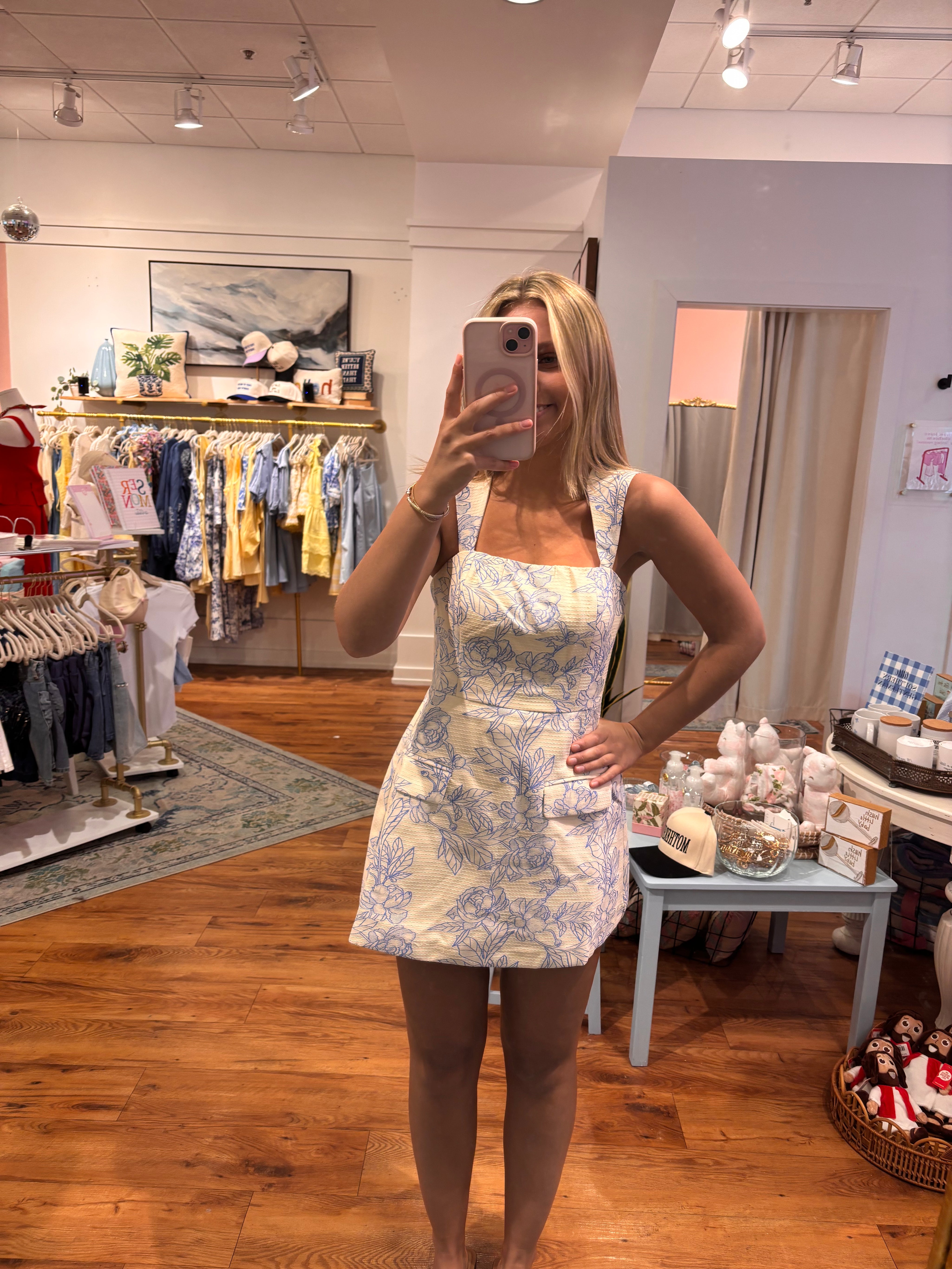 Blue Jacquard Floral Print Dress