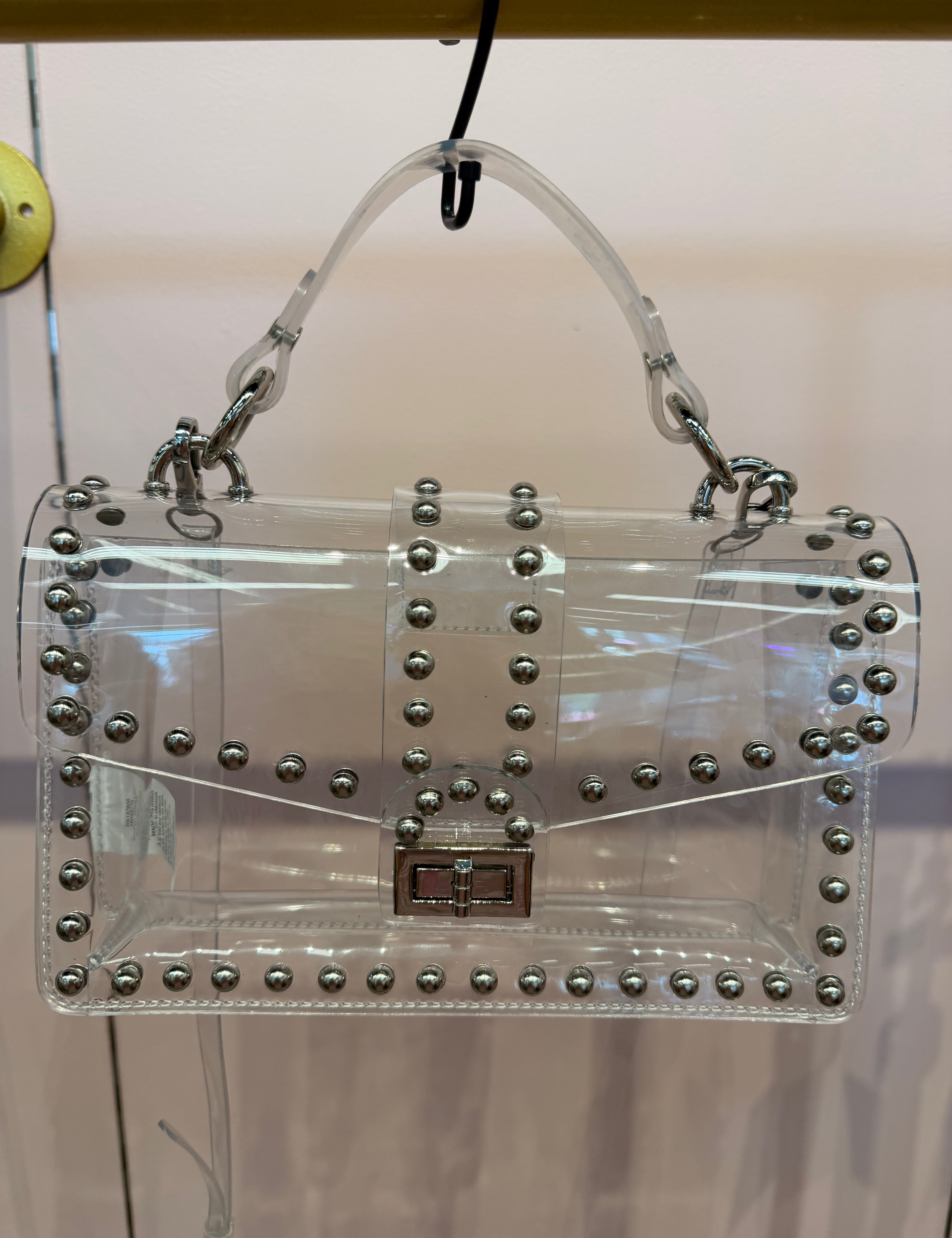 Rhinestone Studded Clear Clutch Bag — color: clear with silver-tone hardware and silver-tone push lock flap closure