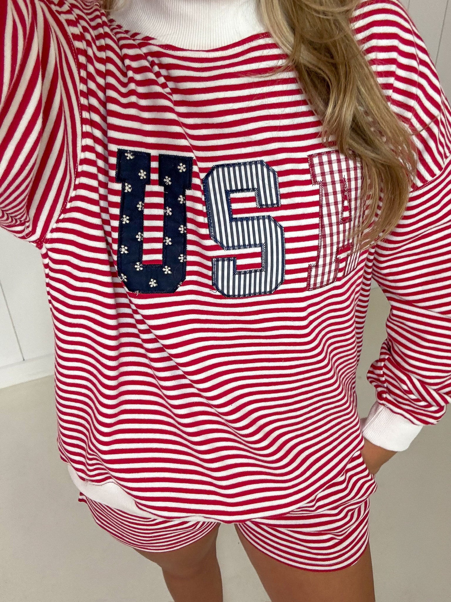 Red Striped "USA" Mockneck & Shorts Set