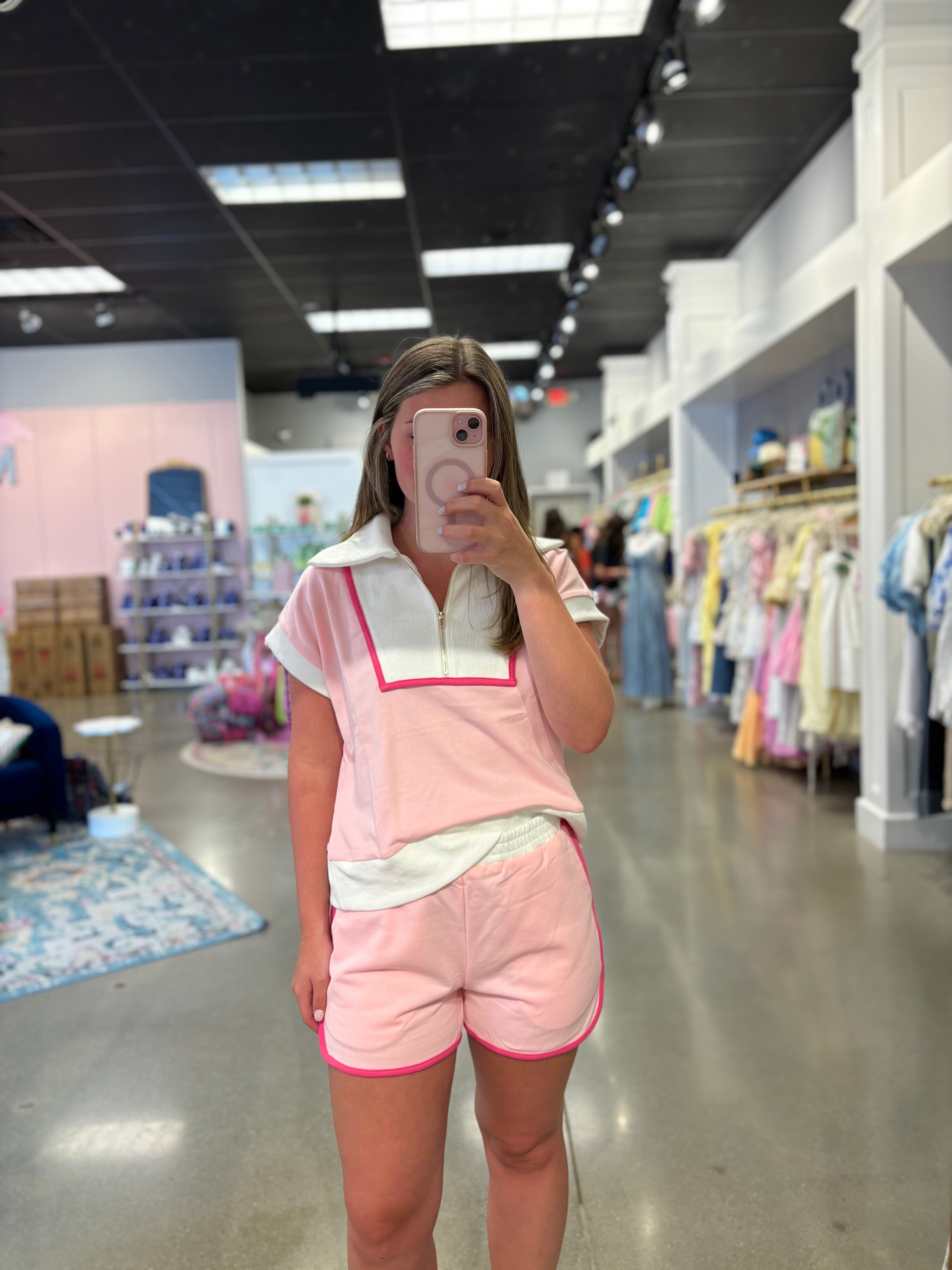 Pink Color Block Shirt & Shorts Set