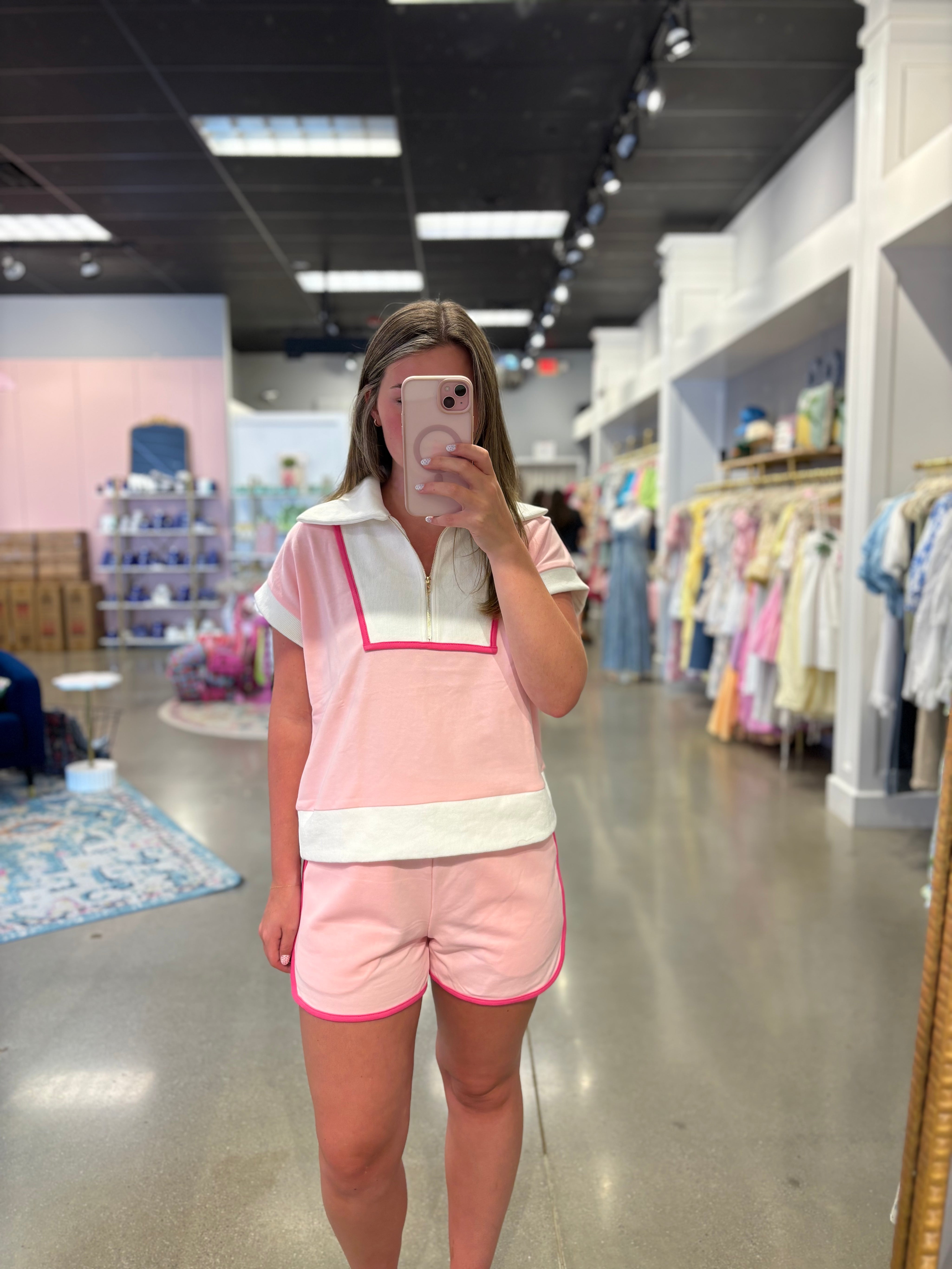 Pink Color Block Shirt & Shorts Set