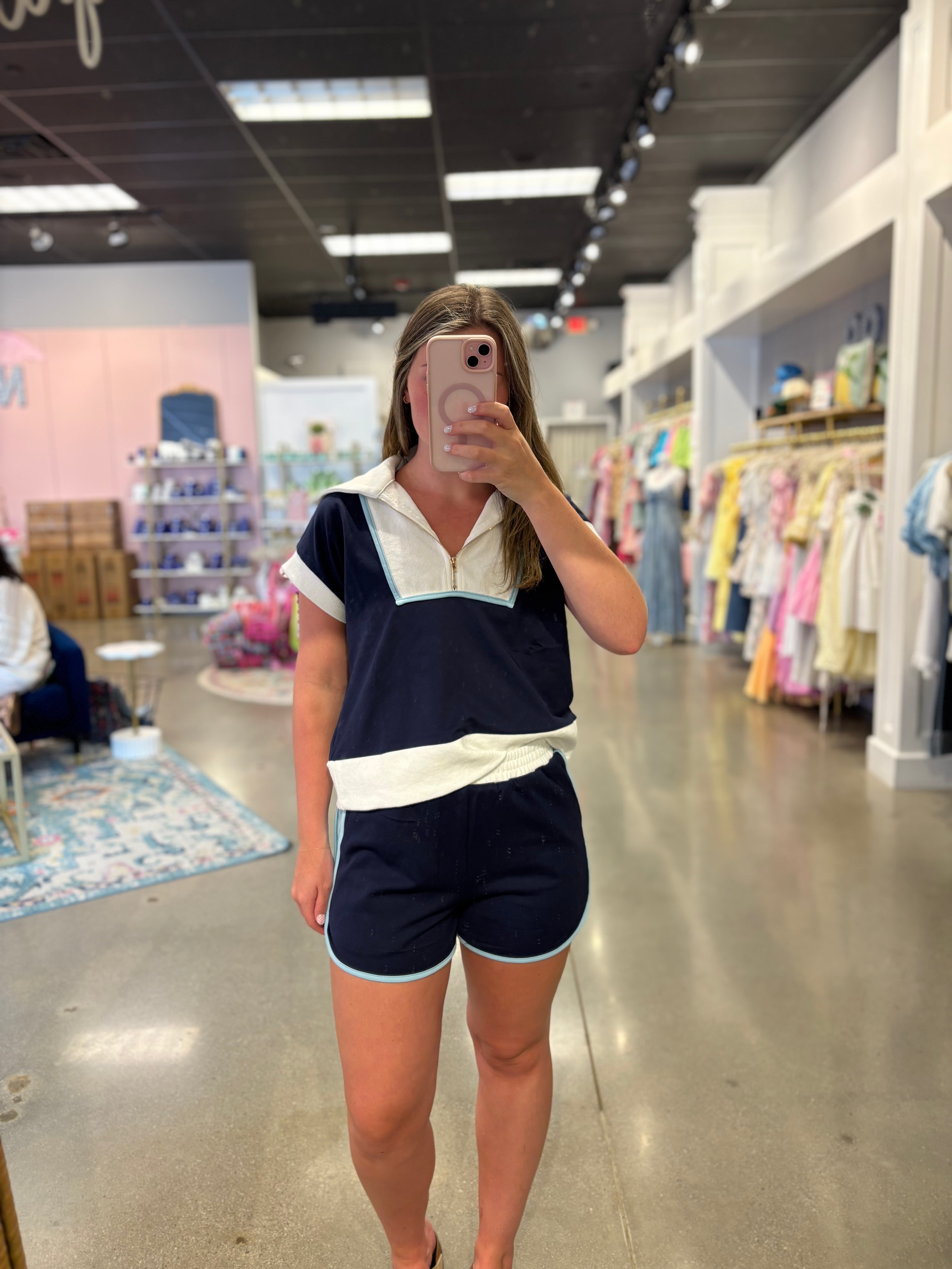 Navy Color Block Shirt & Shorts Set
