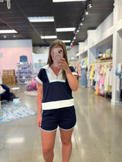 Navy Color Block Shirt & Shorts Set
