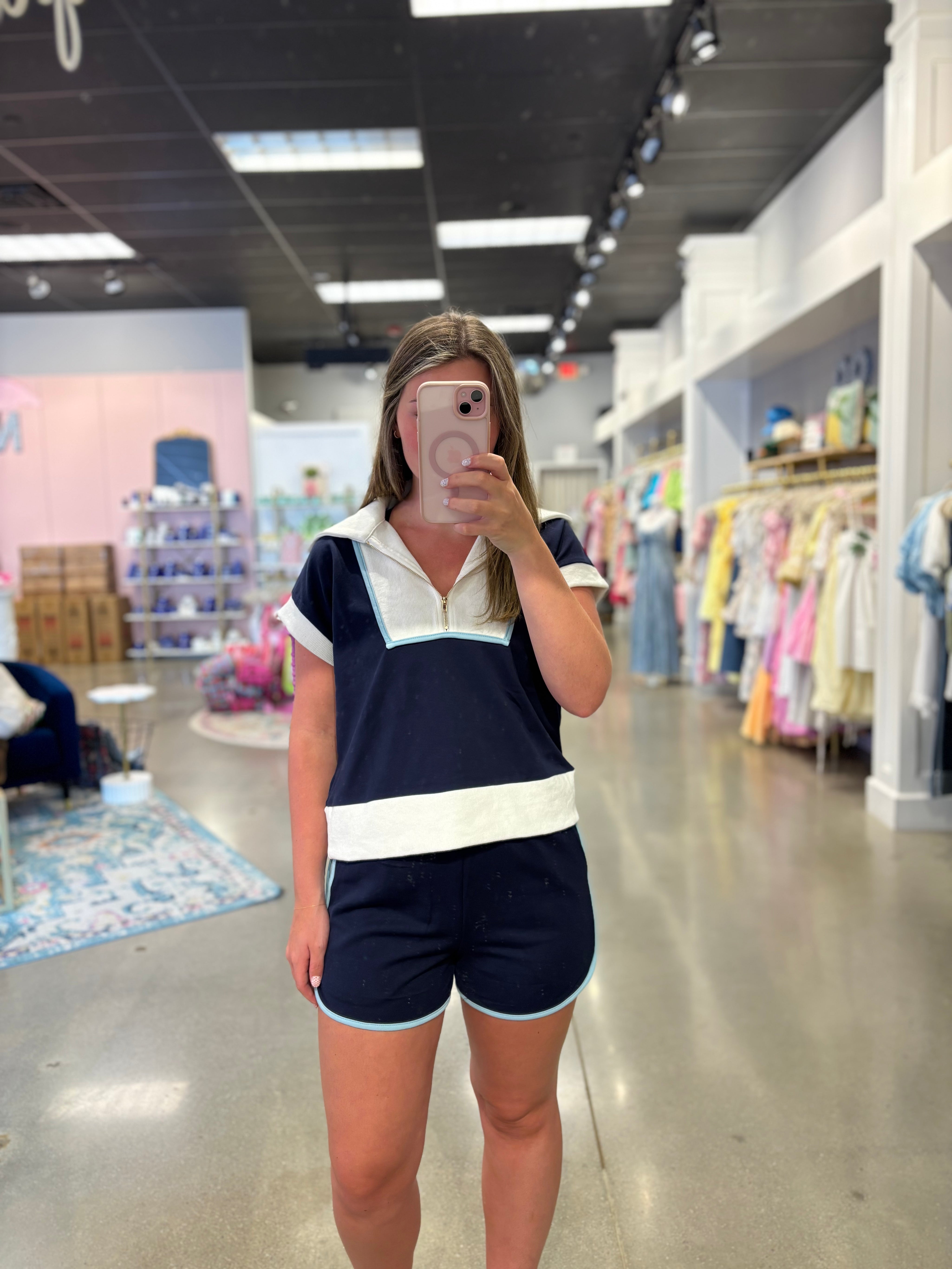 Navy Color Block Shirt & Shorts Set