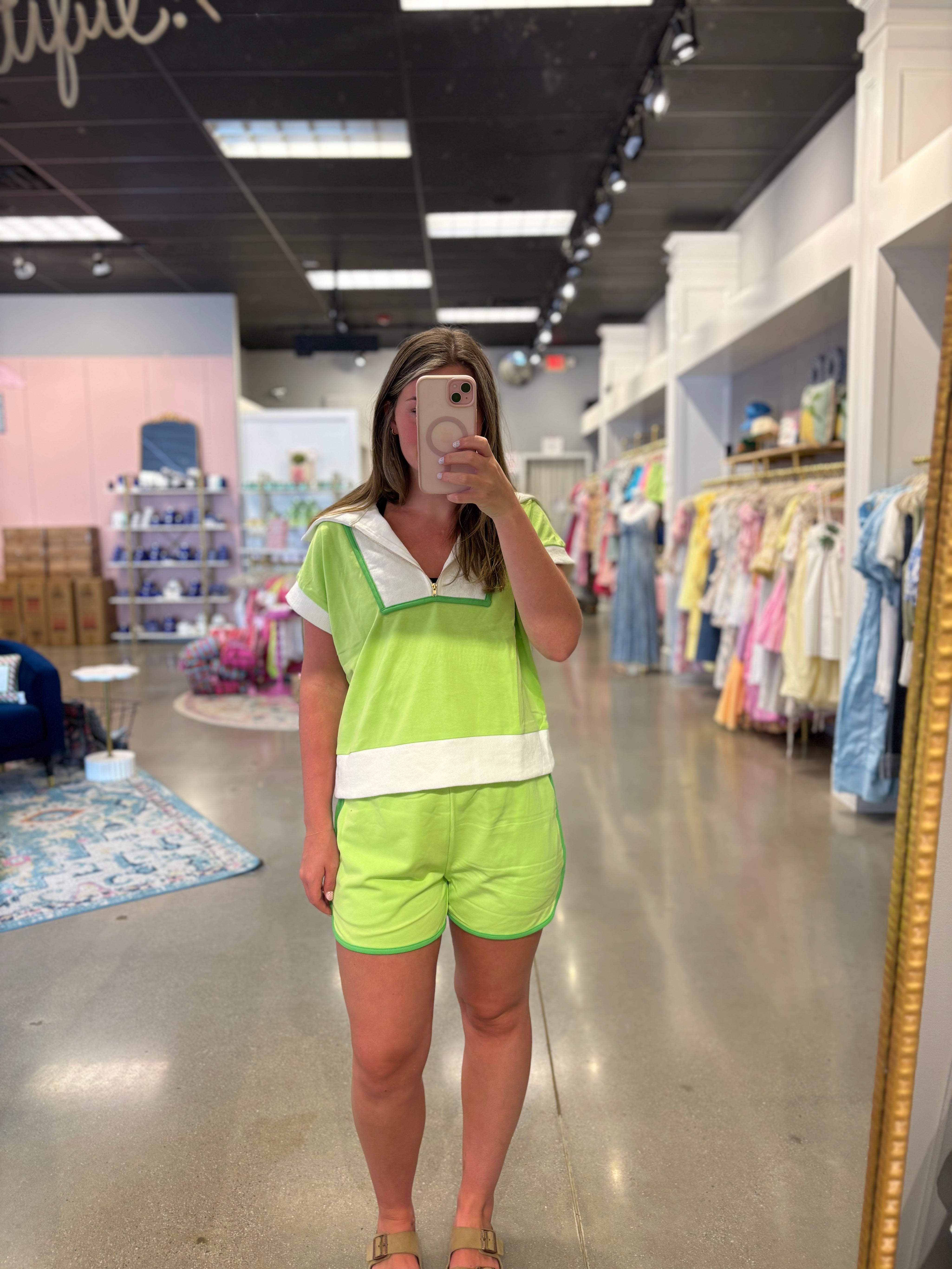 Lime Color Block Shirt & Shorts Set