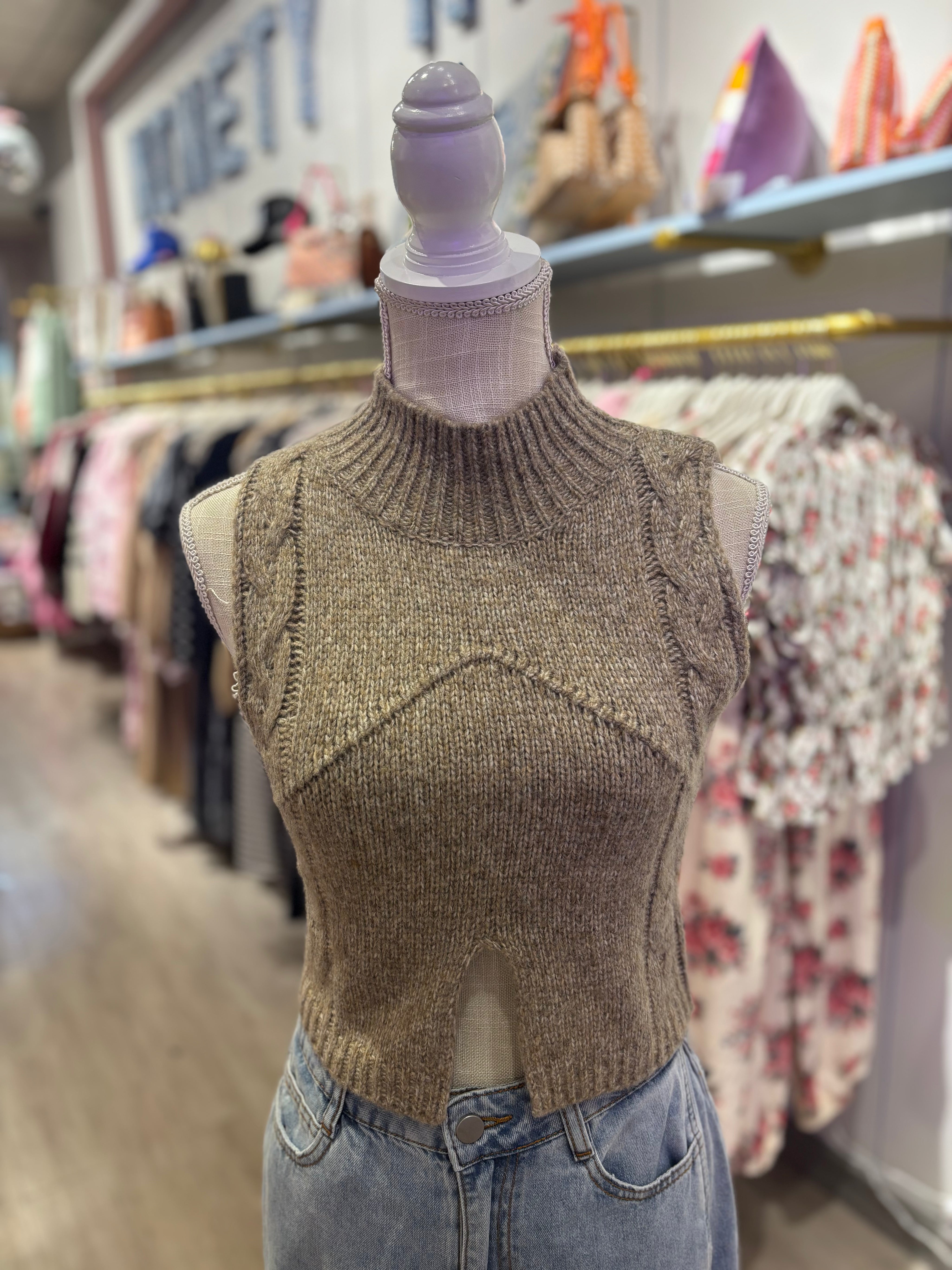 Brown Mockneck Sleeveless Sweater Top