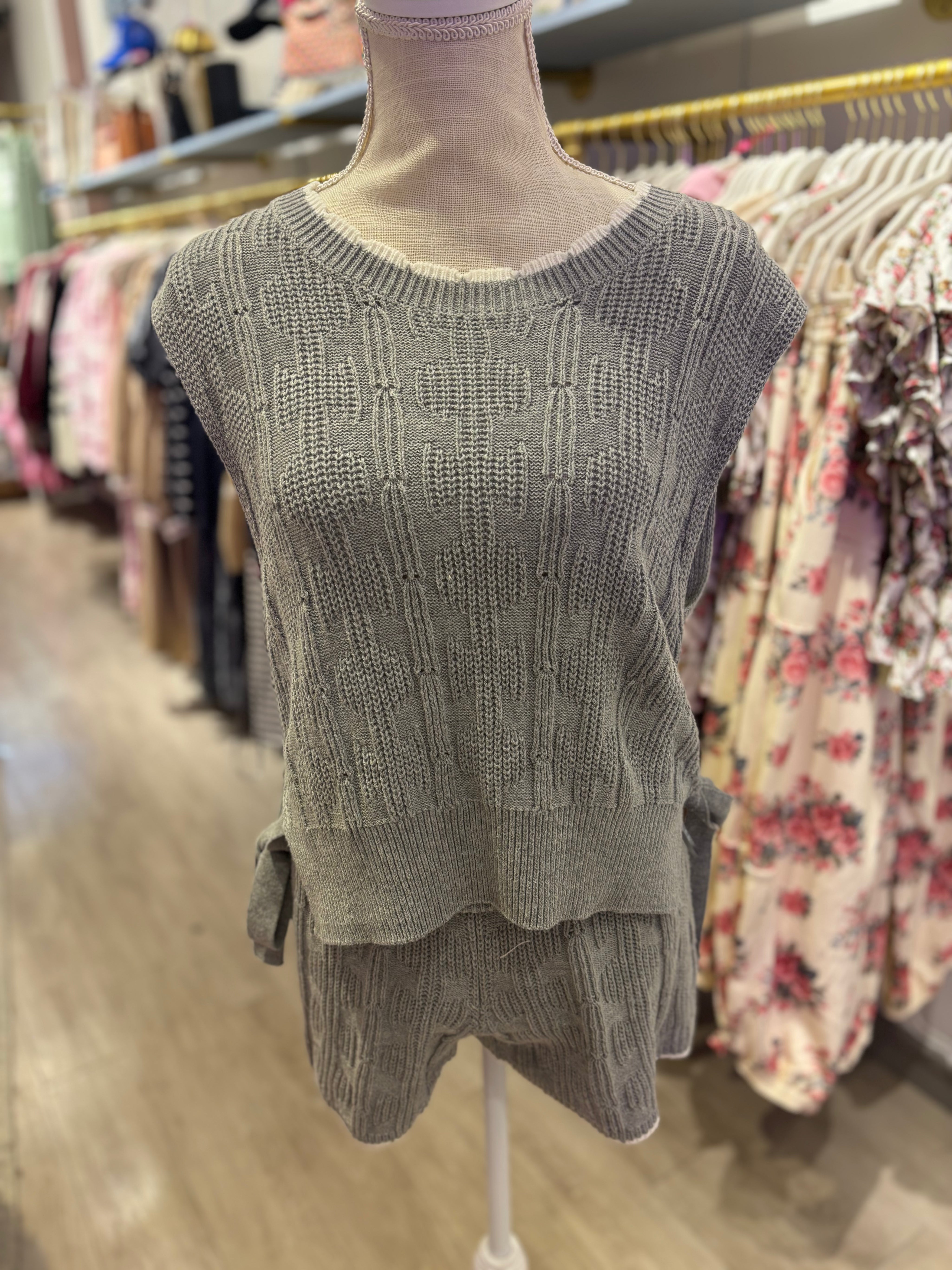 Grey Sleeveless Sweater & Shorts Set