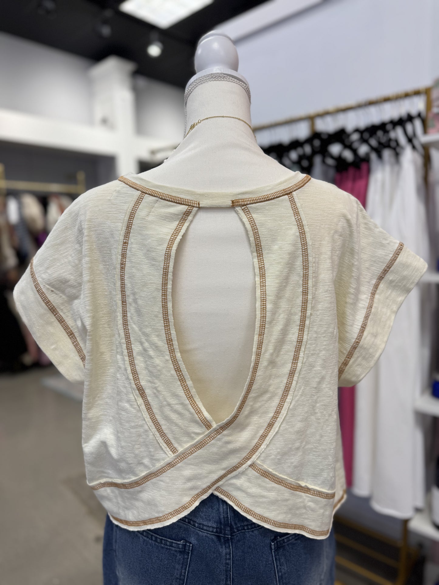 Cream Open Back Short Sleeve Top