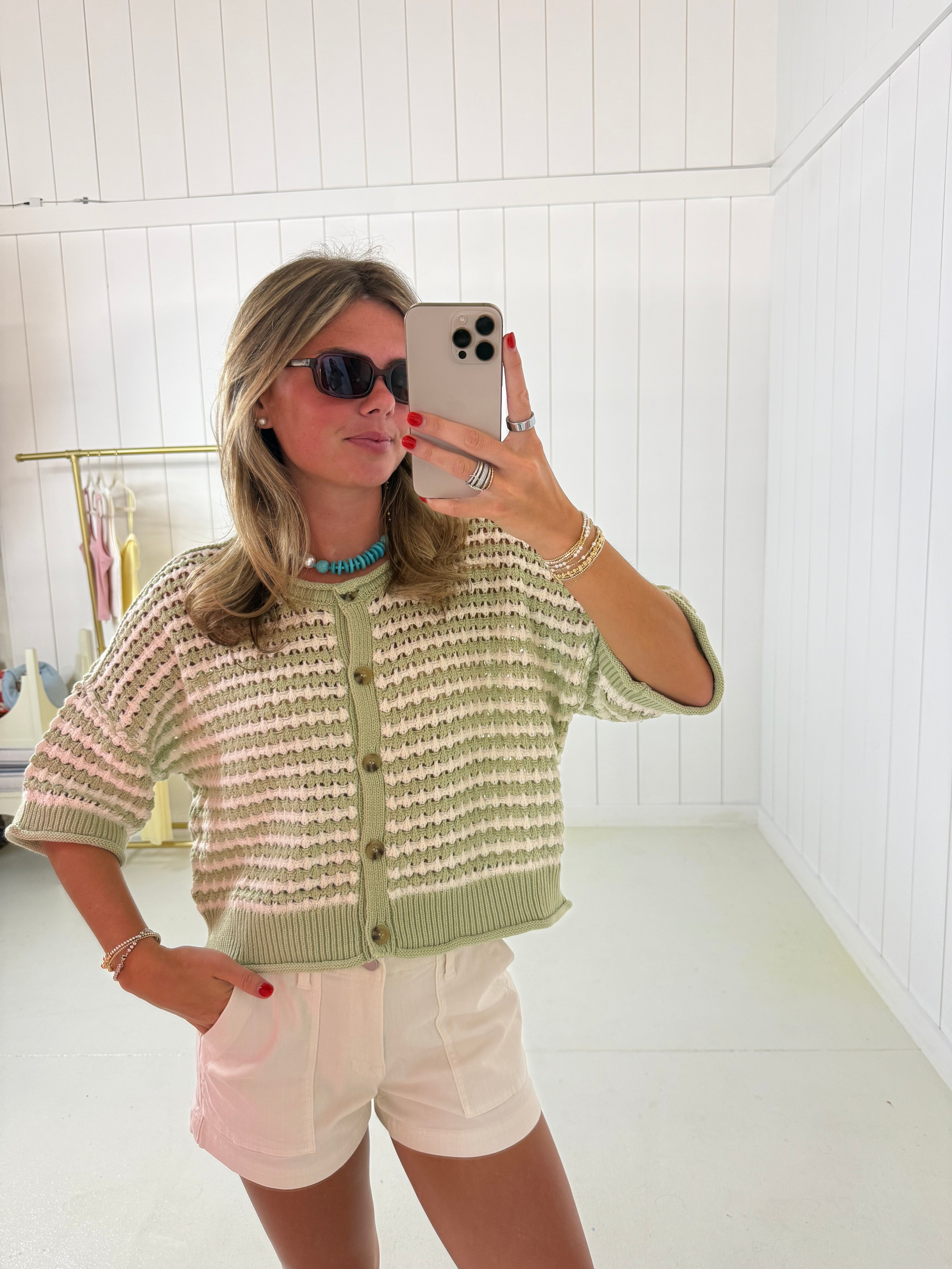 Green Striped Crochet Short Sleeve Cardigan