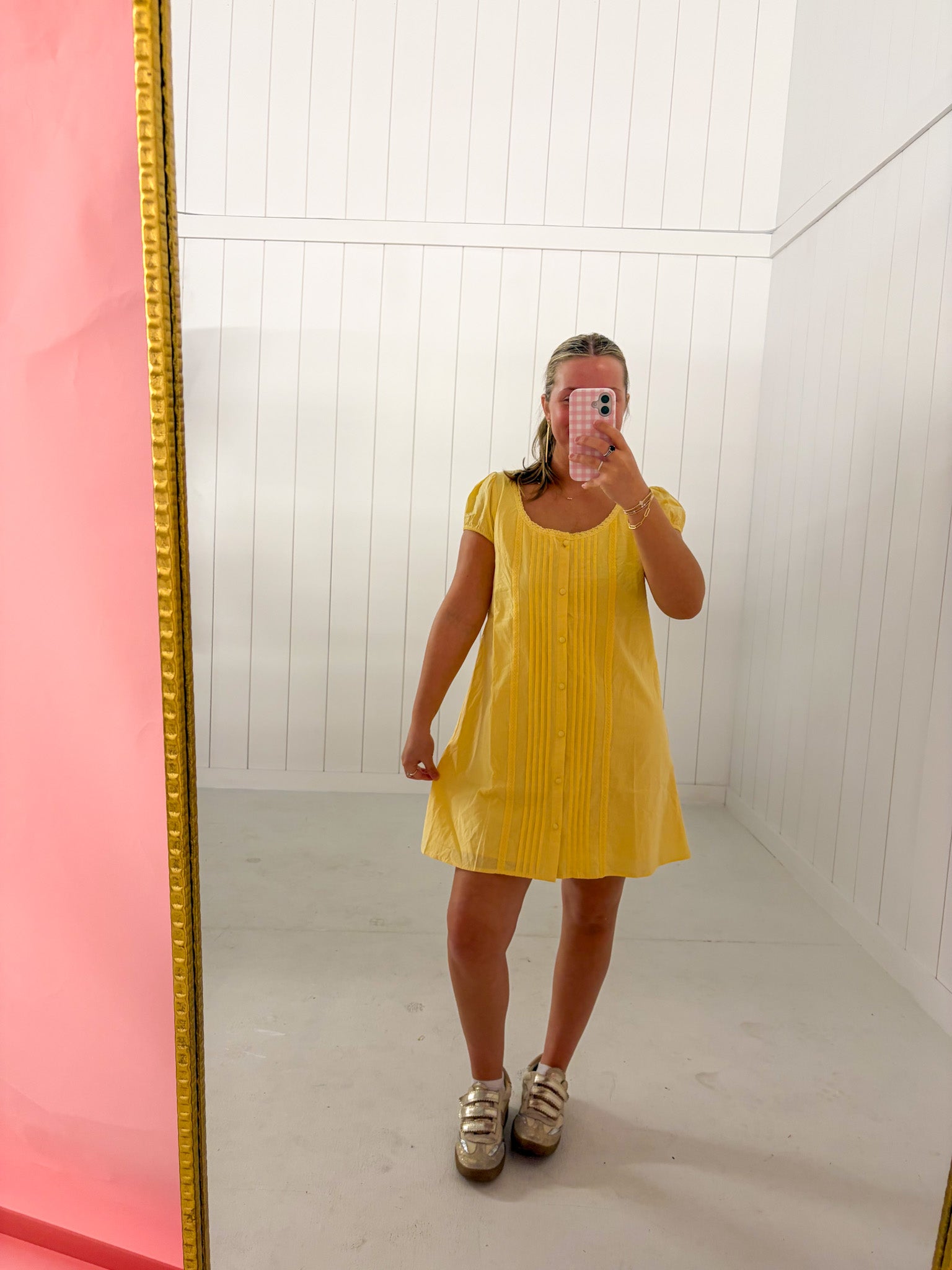 Yellow Button Down Pleated Mini Dress