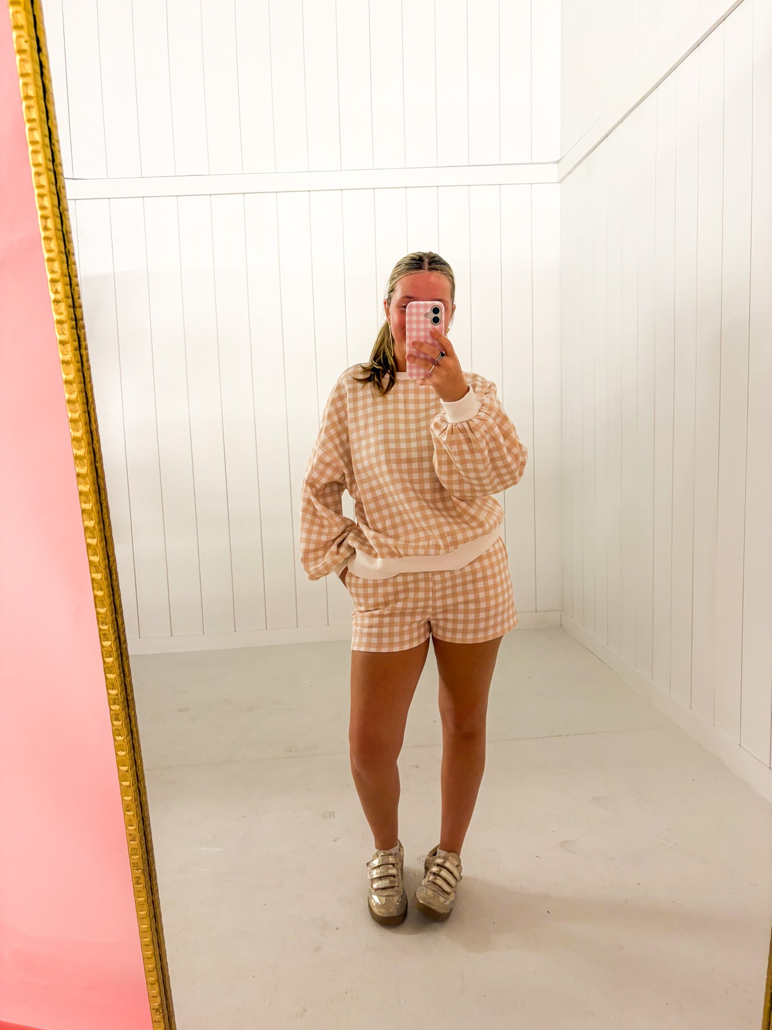 Beige Gingham Fuzzy Knit Lounge Set
