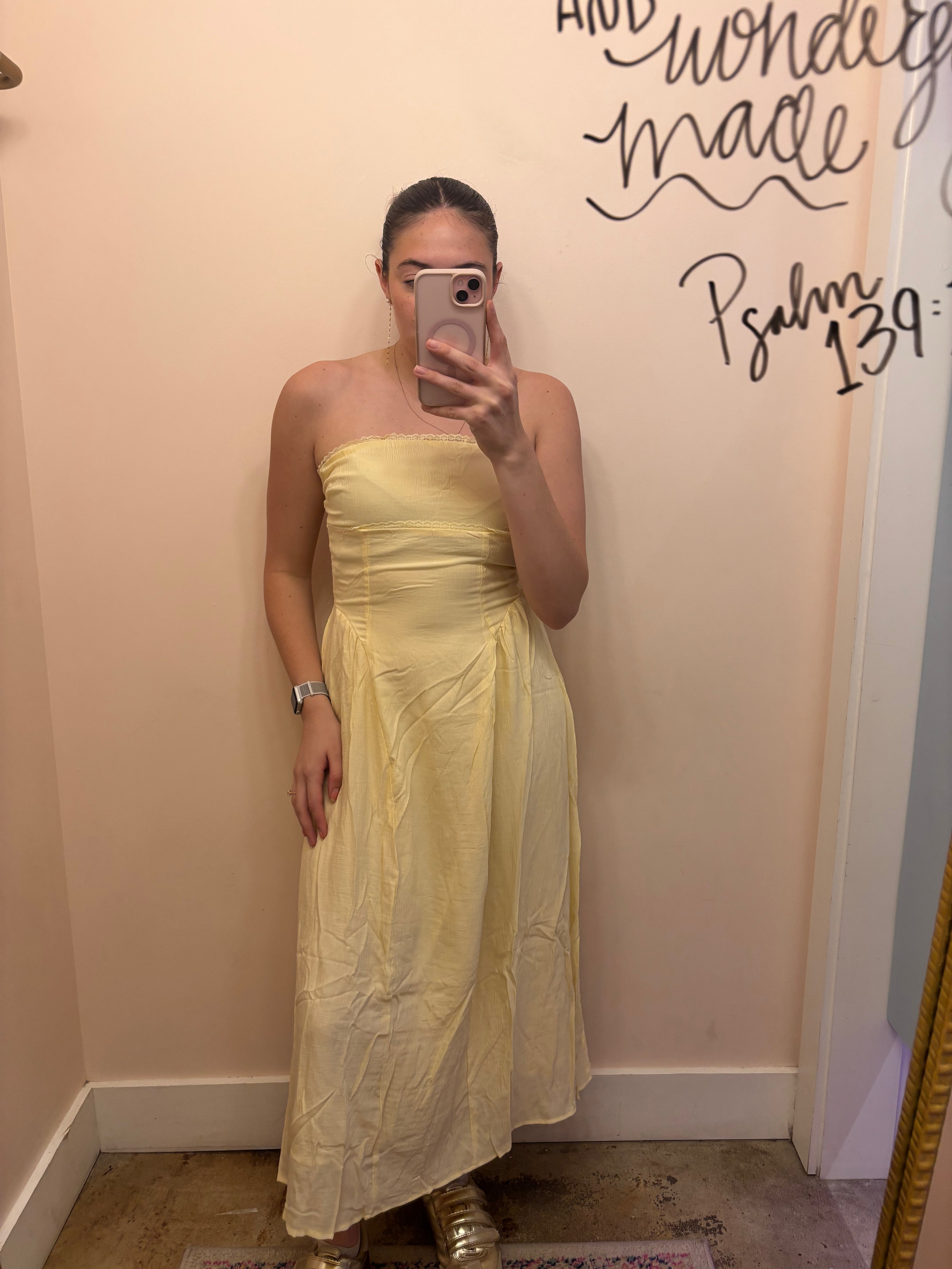 Yellow Lace Trim Strapless Midi Dress