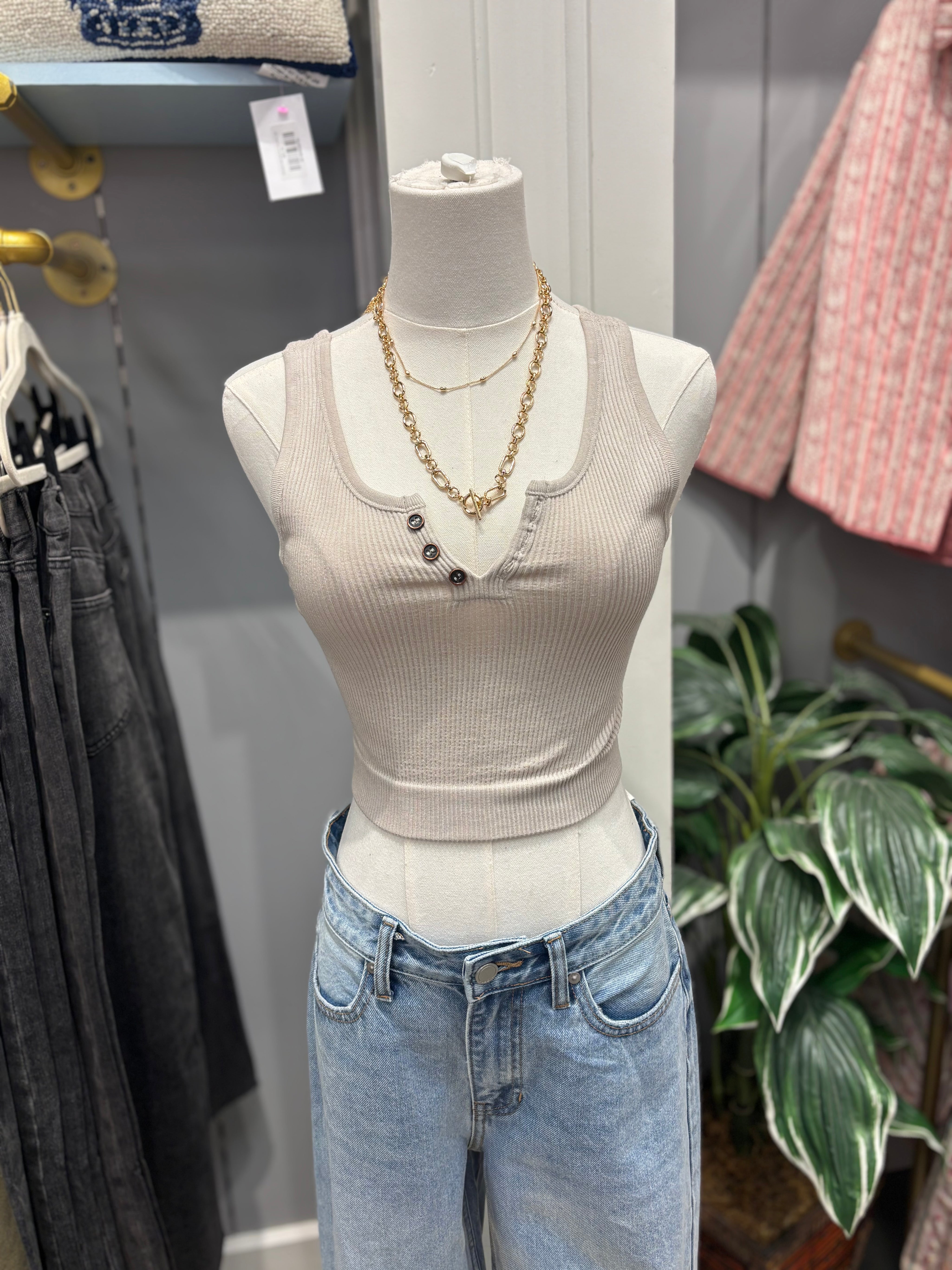 Beige Henley Ribbed Modal Tank