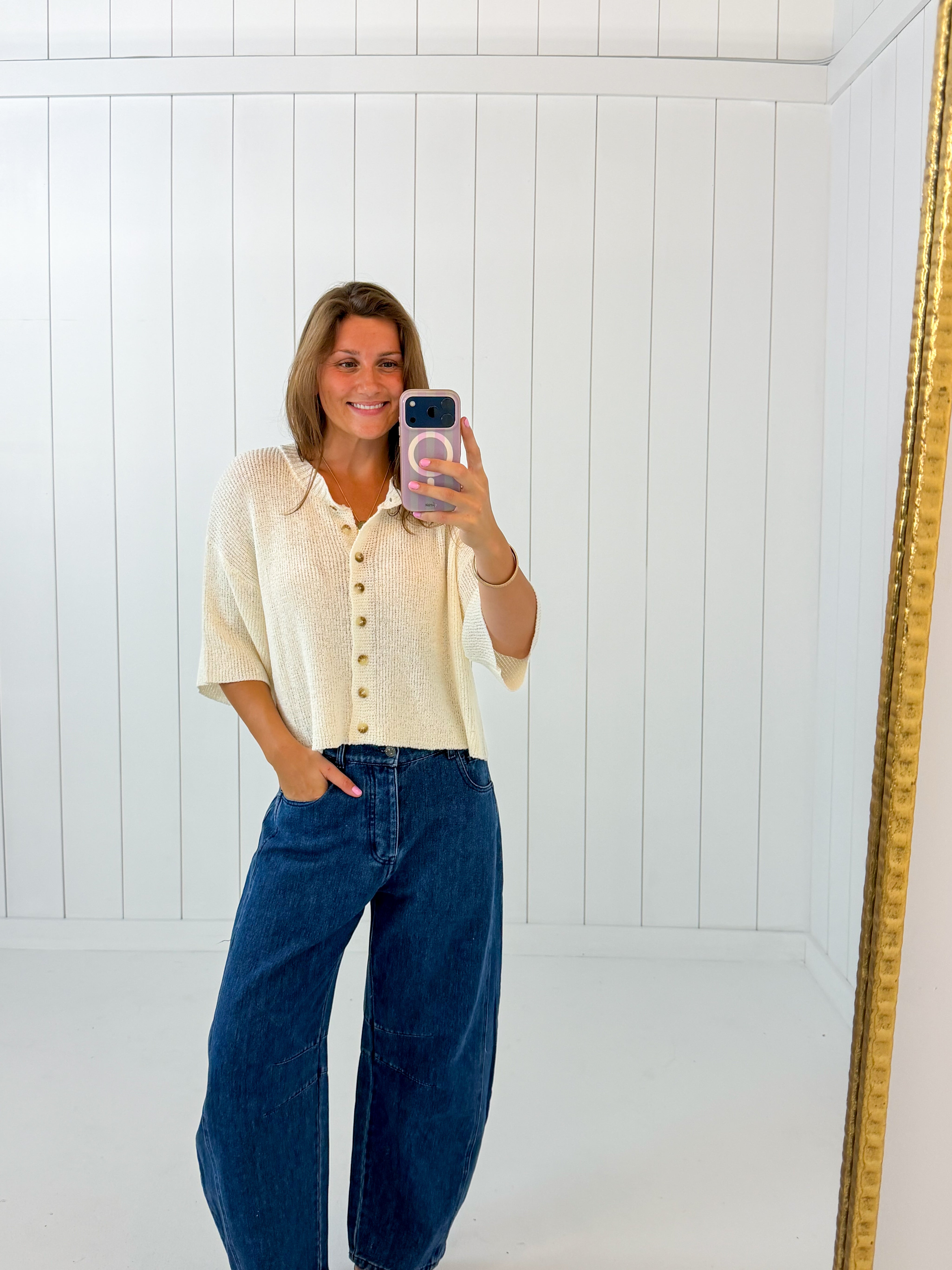 Cream Boxy Short Sleeve Cardigan