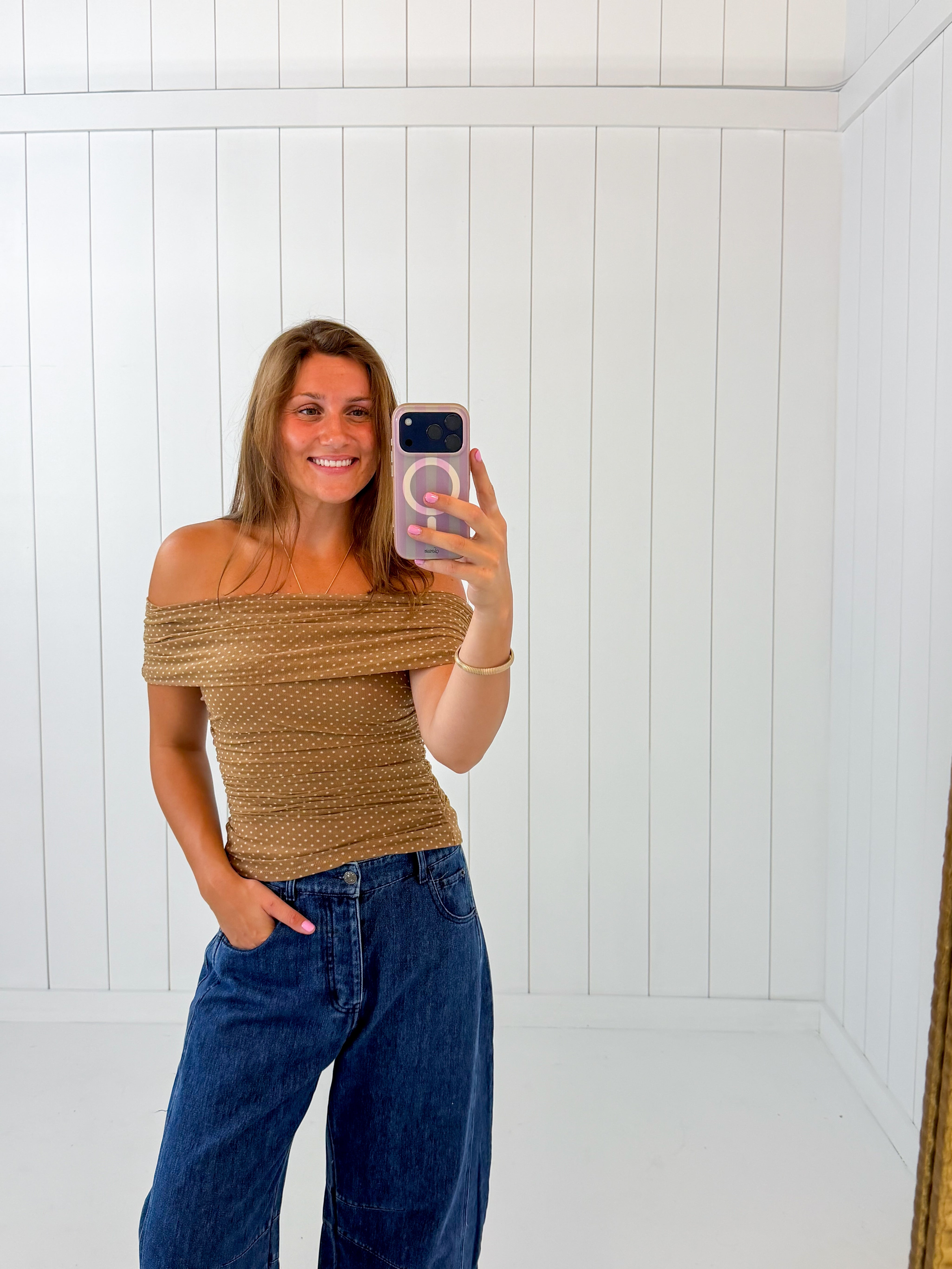 Brown Polka Dot Ruched Top