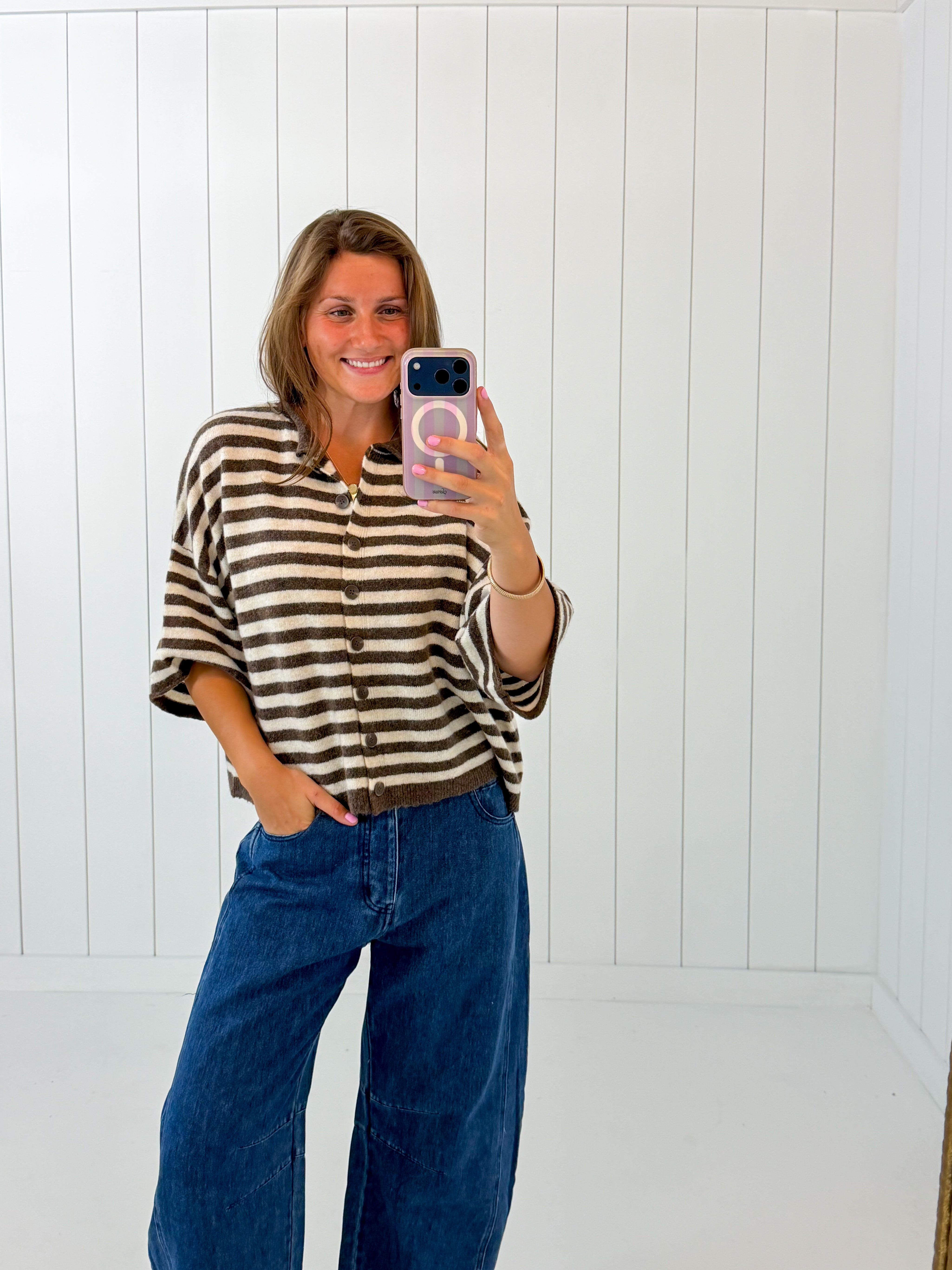 Chocolate Brown Stripe Short Cardigan