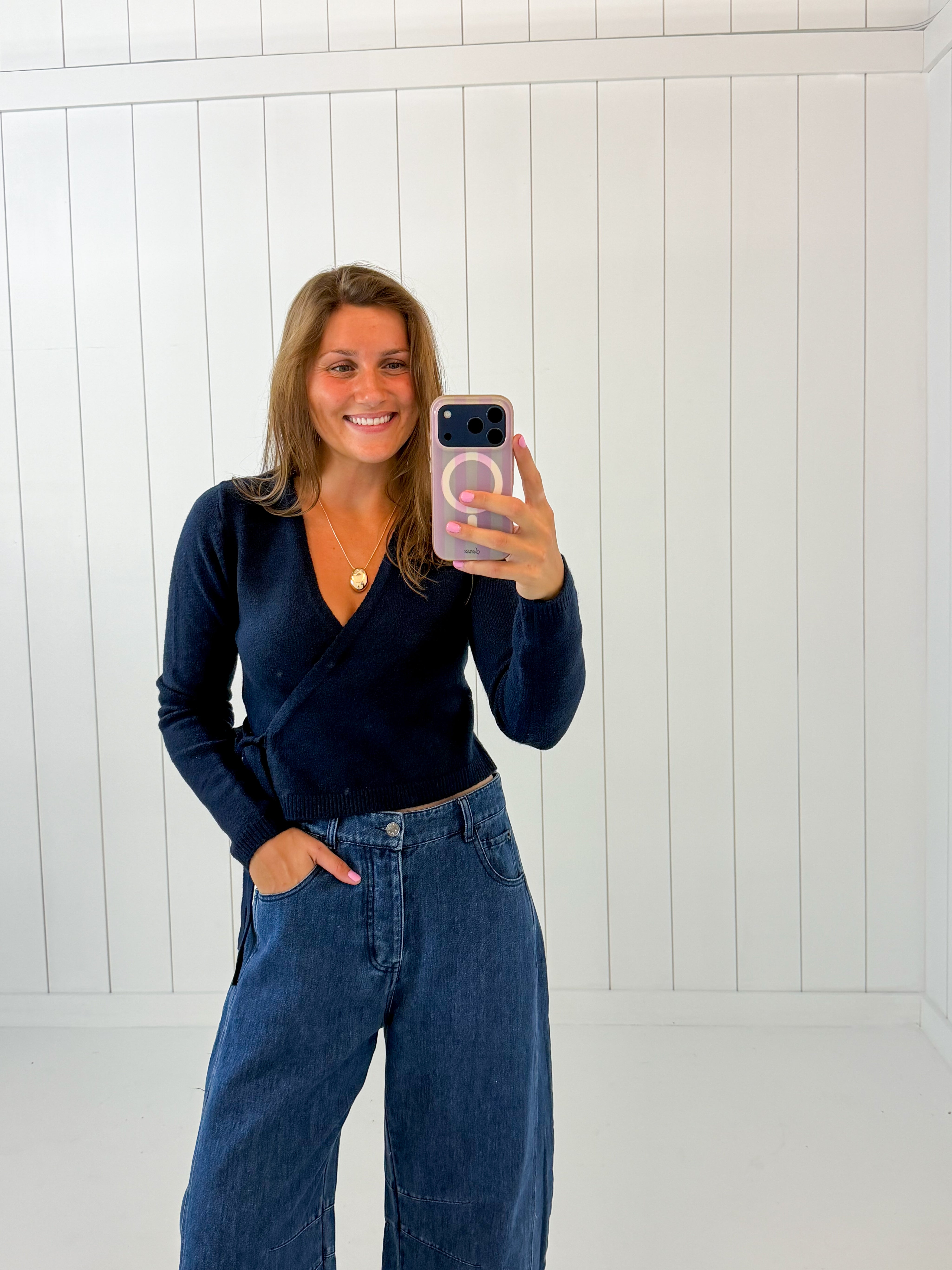 Navy Sweater Wrap Tie Top