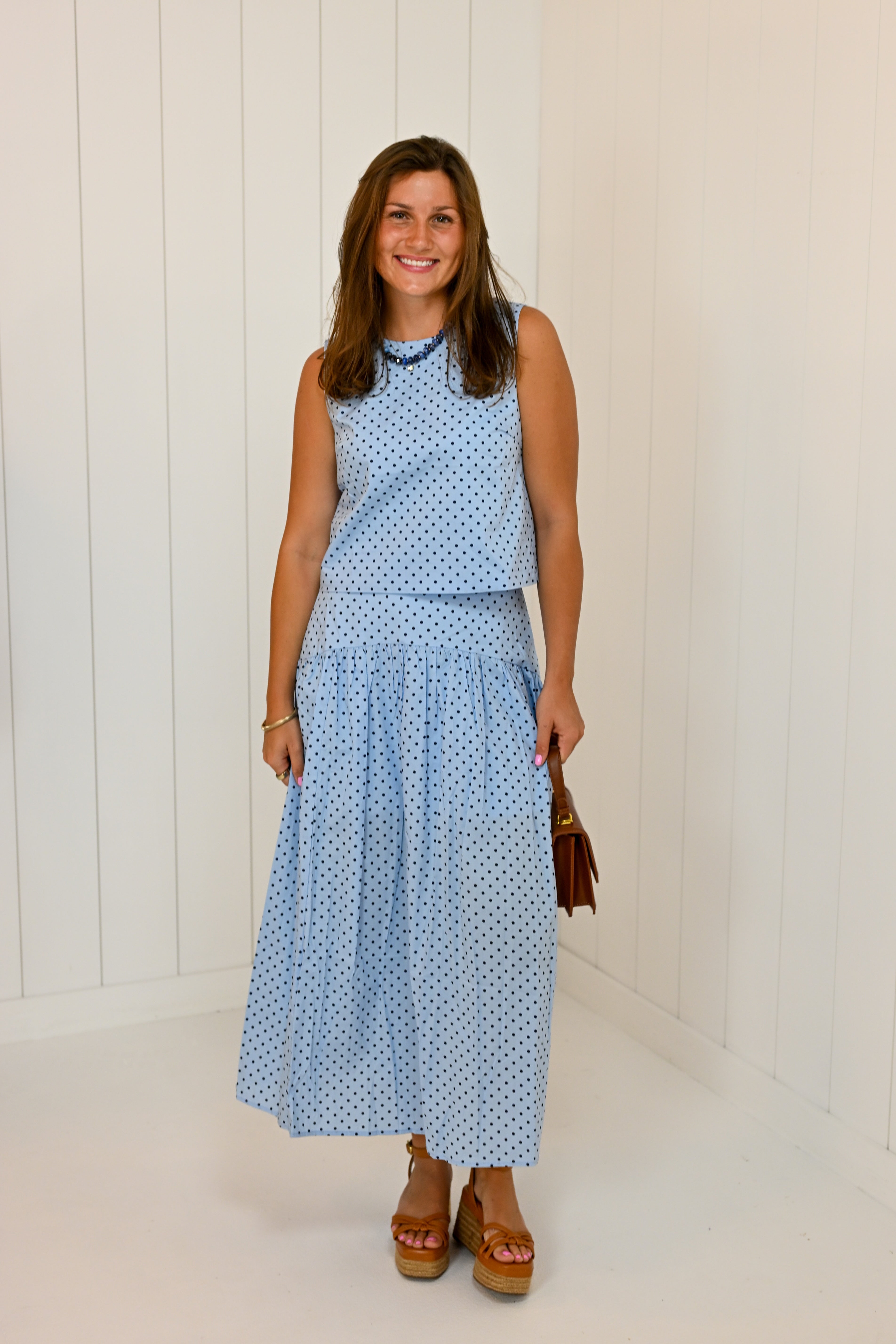 Blue Polka Dot Top And Skirt Set