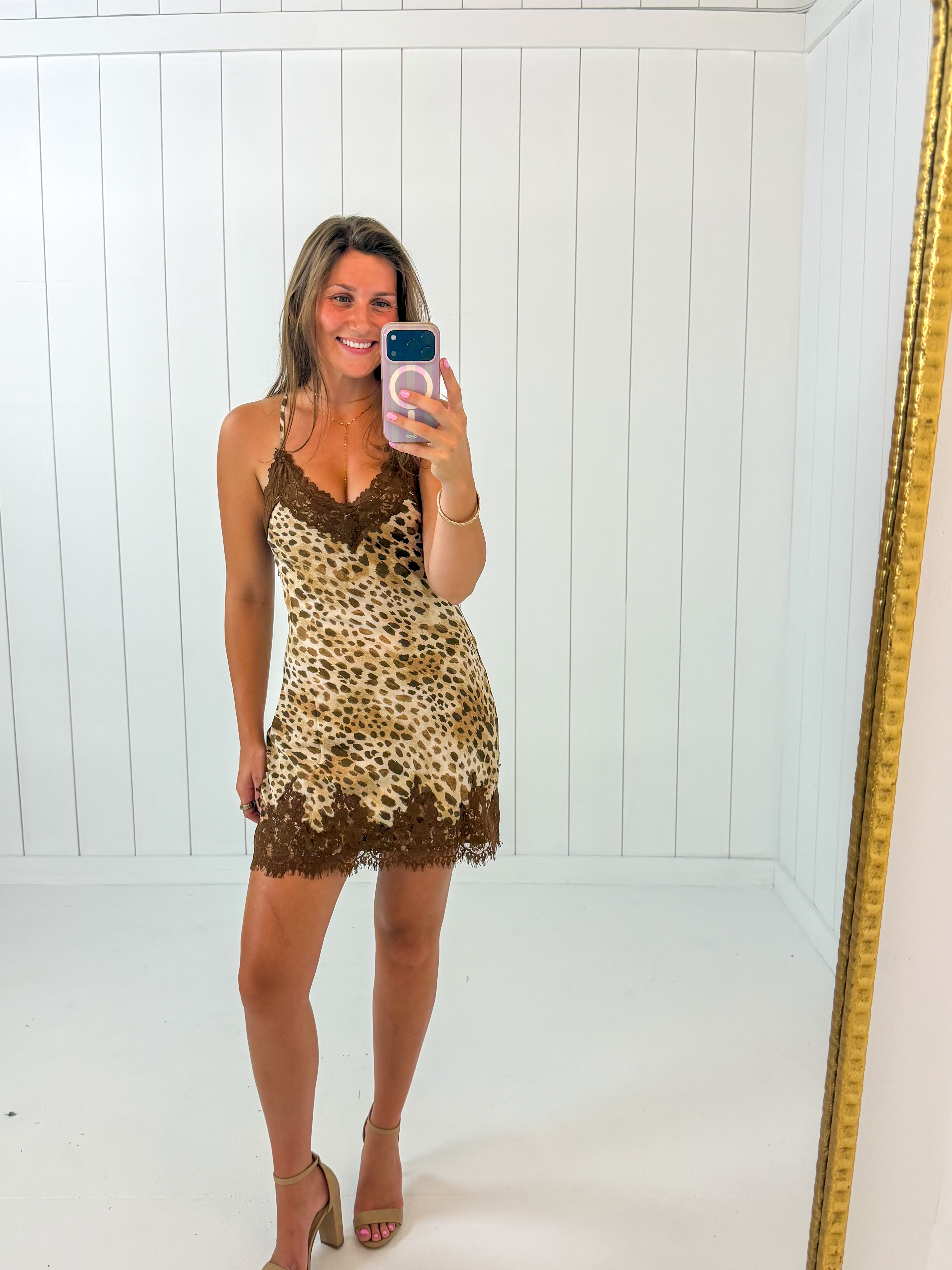Animal Lace Trim Slip Mini Dress