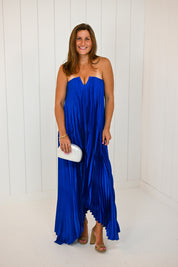 Blue Strapless Pleated Maxi Column Dress