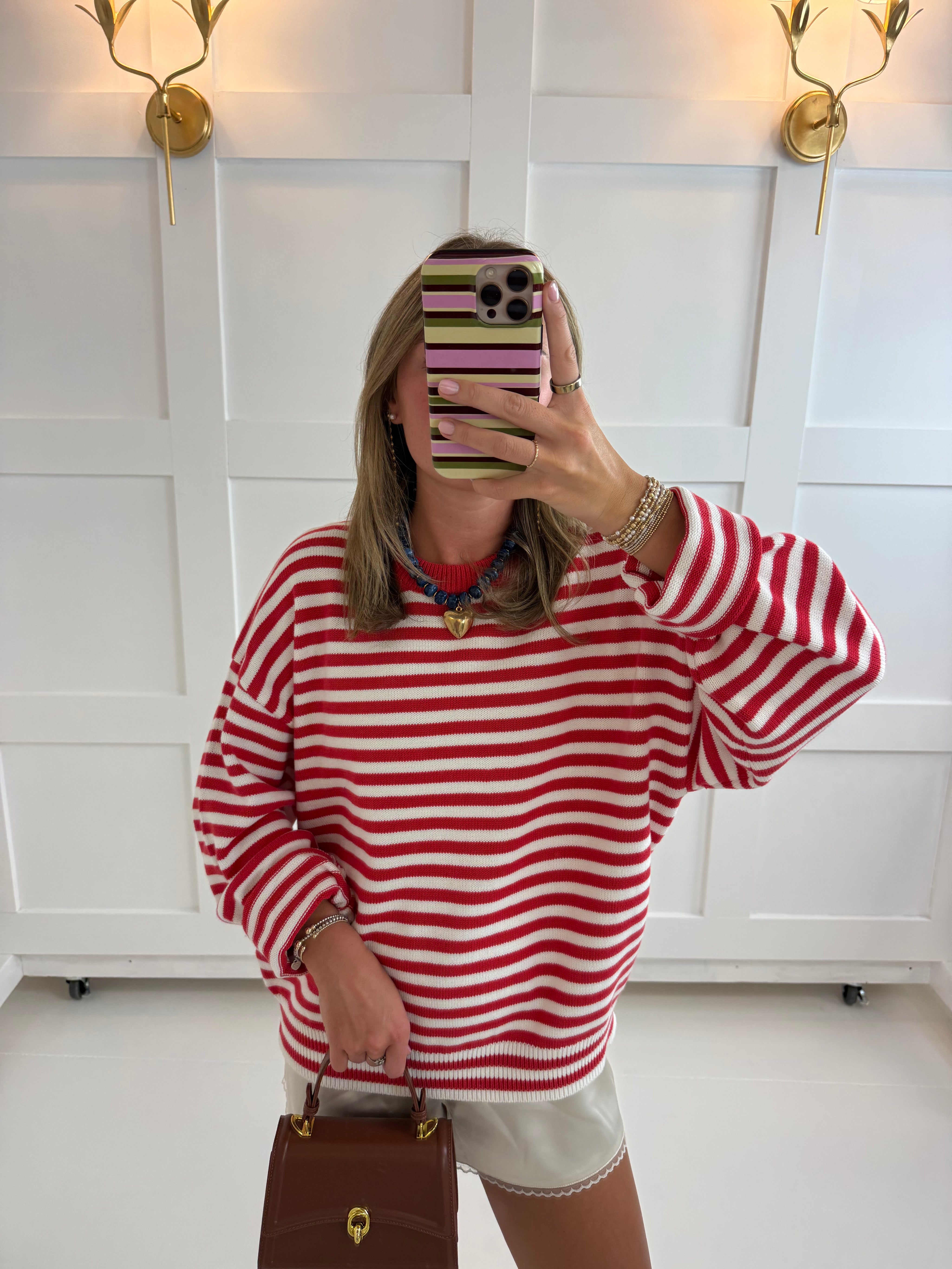 Red Striped Crew Neck Sweater