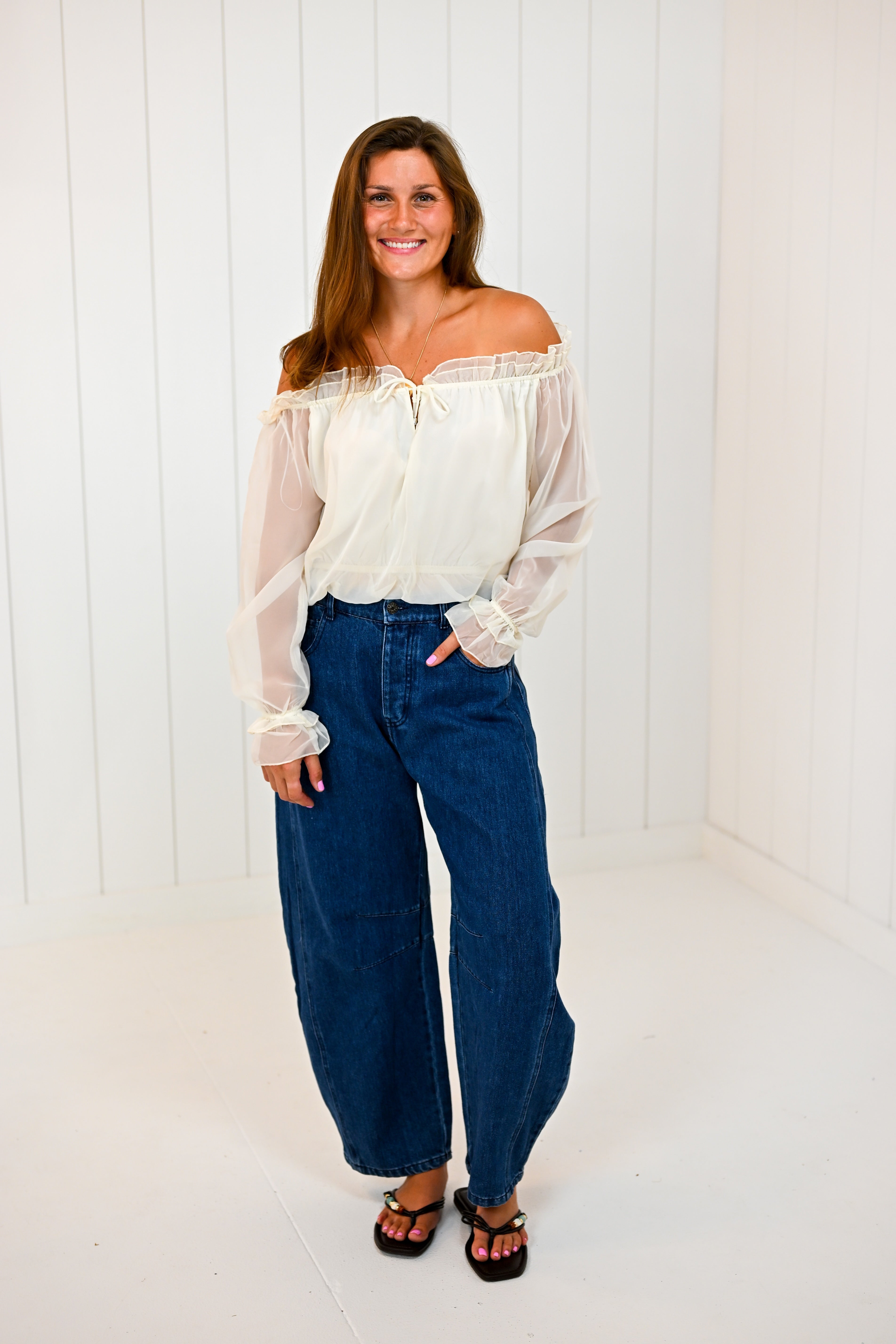 White Ruffle Trim Long Sleeve Top