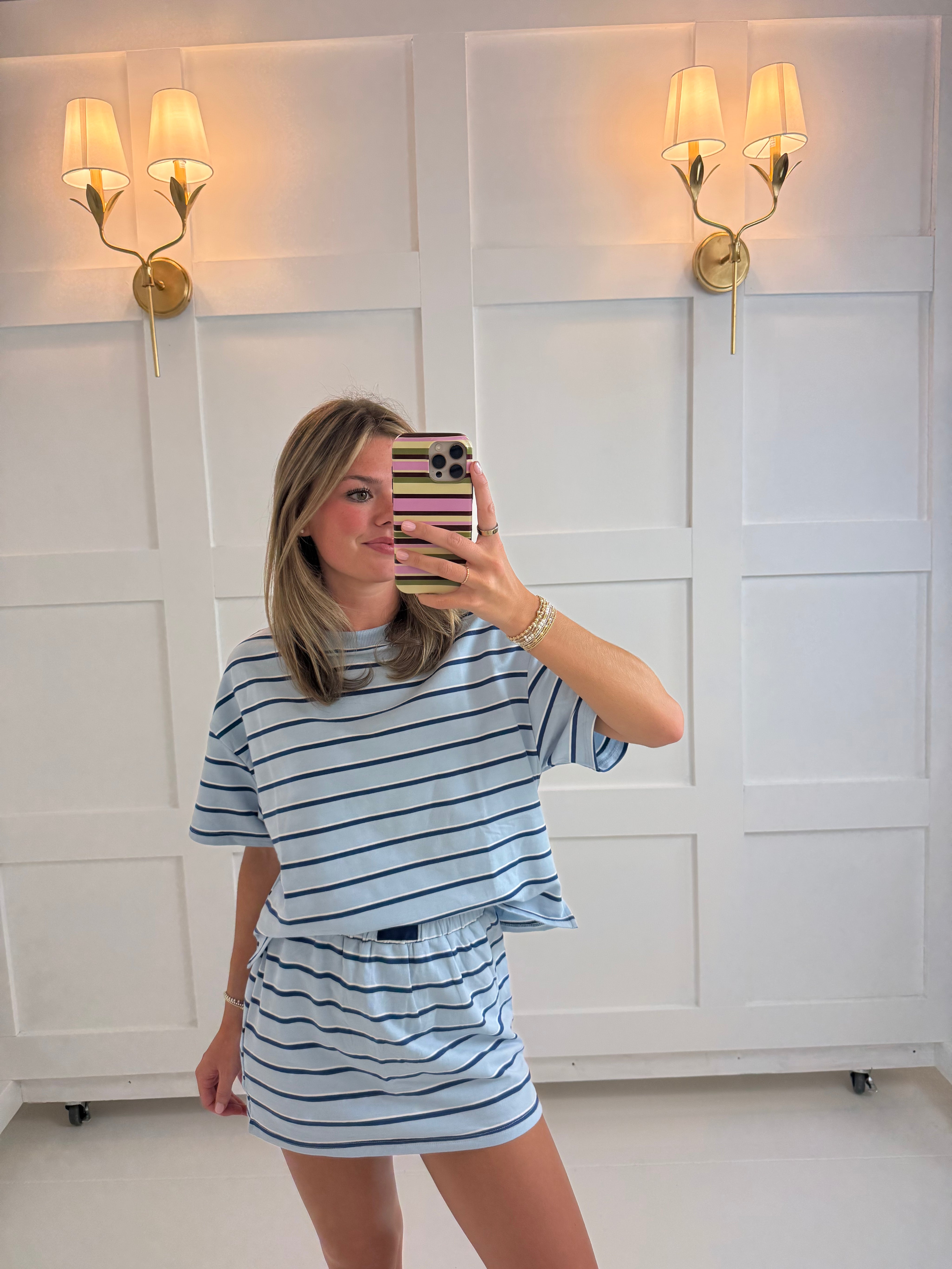 Light Blue Striped Boxy Skirt Set