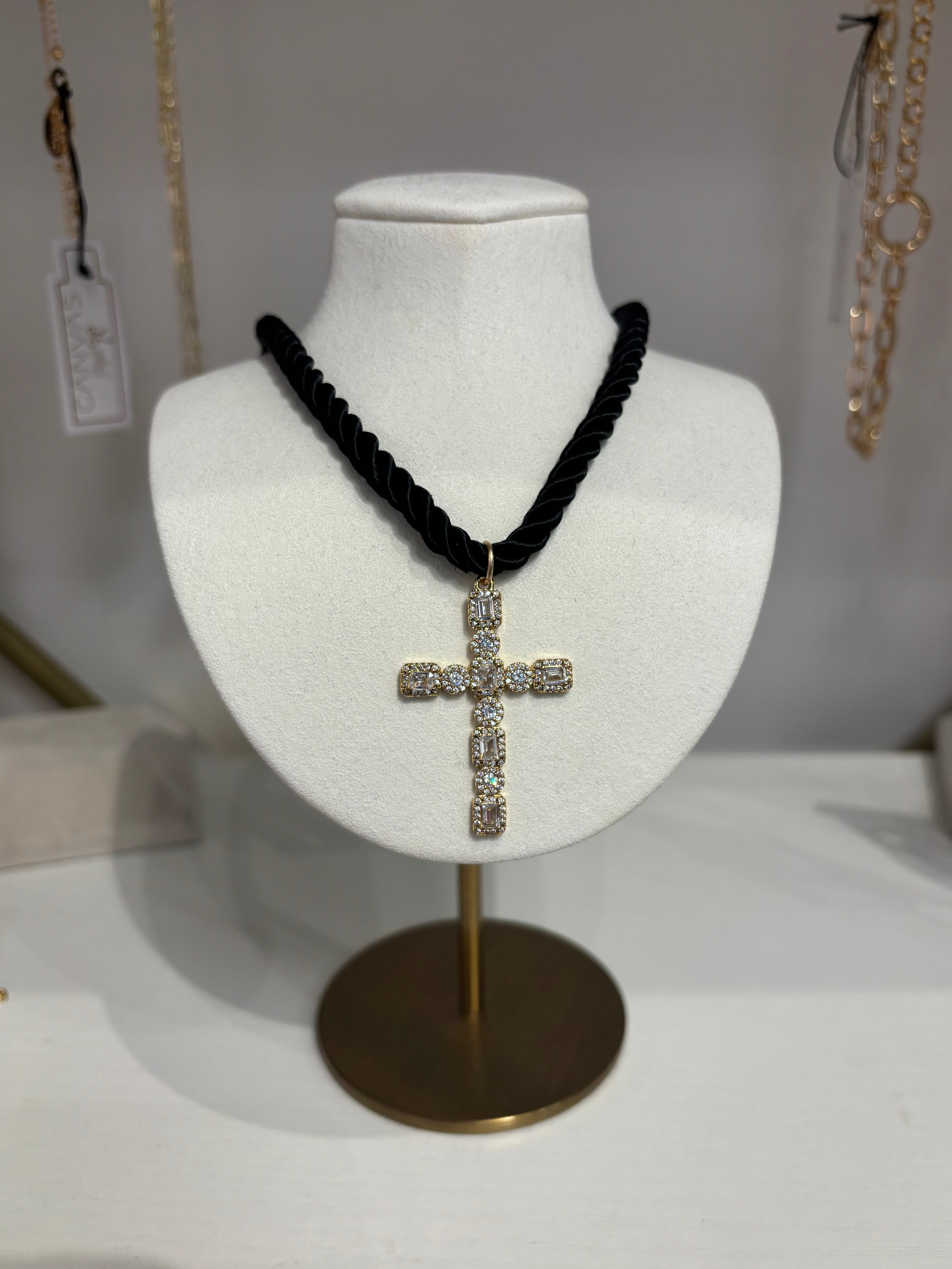 Black CZ Cross Rope Necklace