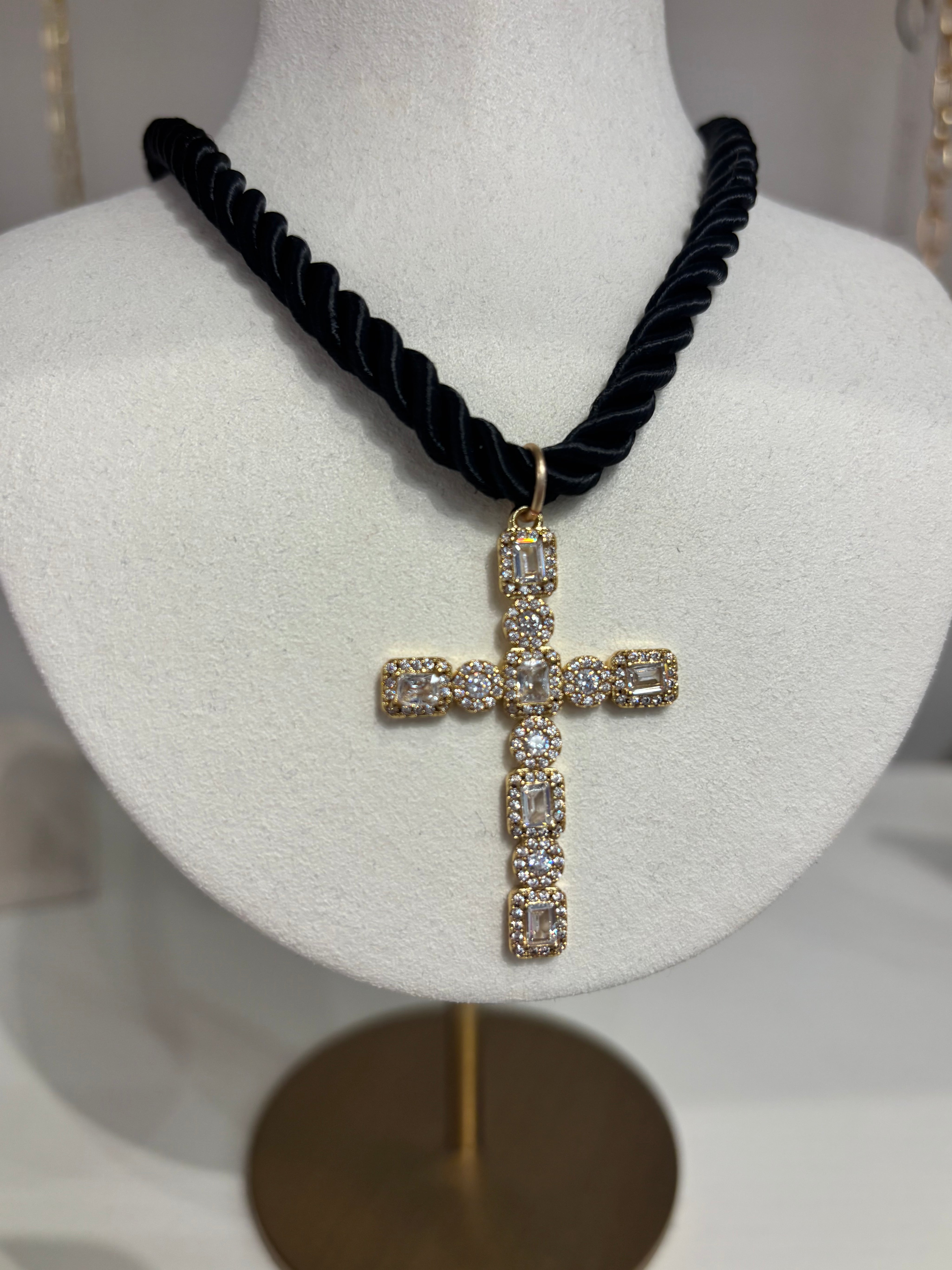Black CZ Cross Rope Necklace