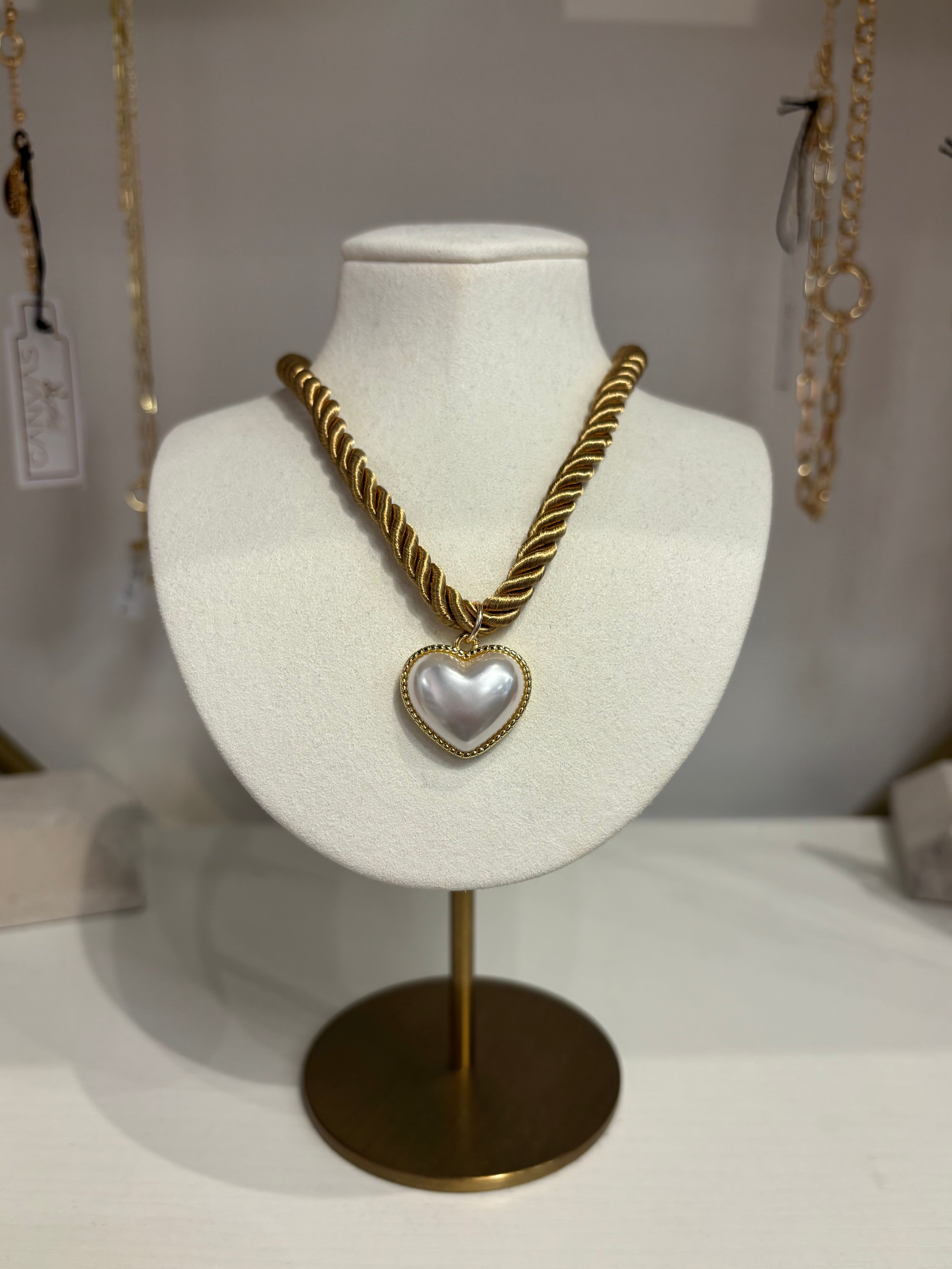 Pearl Heart Gold Rope Necklace