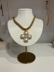 Pearl Cross Gold Rope Necklace — dark gold rope necklace and pearl cross pedant
