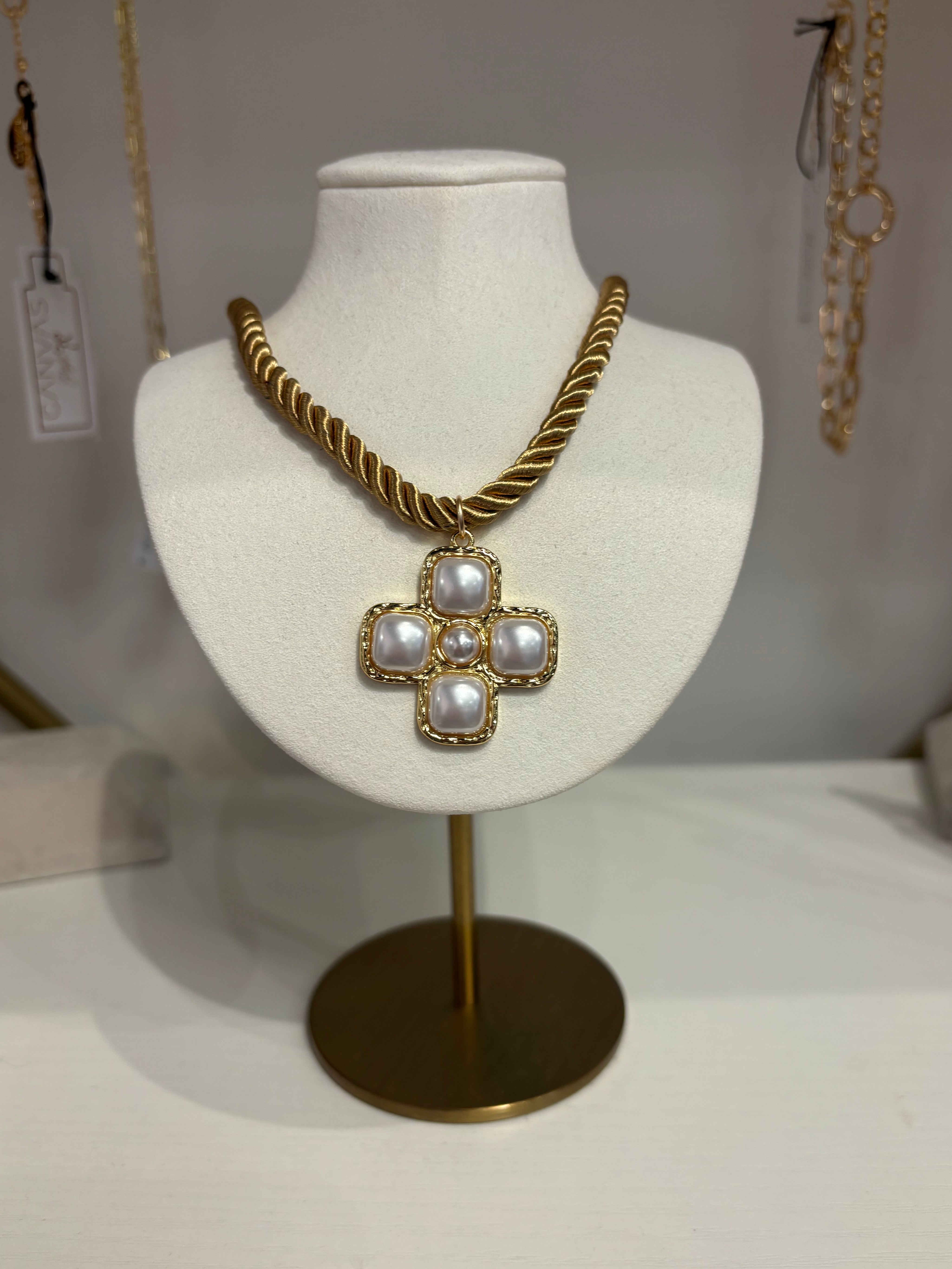 Pearl Cross Gold Rope Necklace