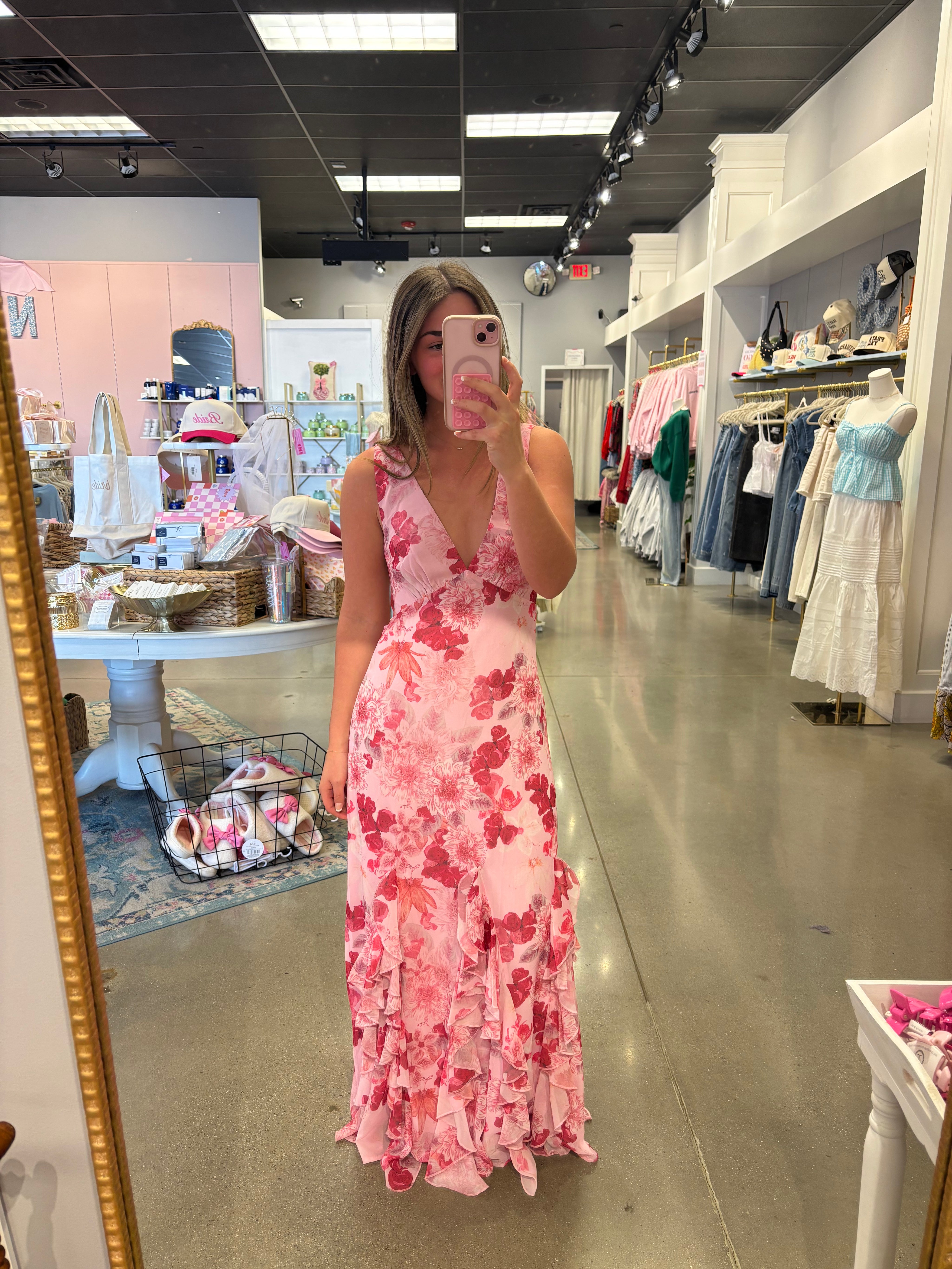 Pink Floral V-neck Tiered Maxi Dress