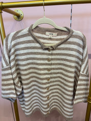 Tan Stripe Short Cardigan — raw edge and stripe